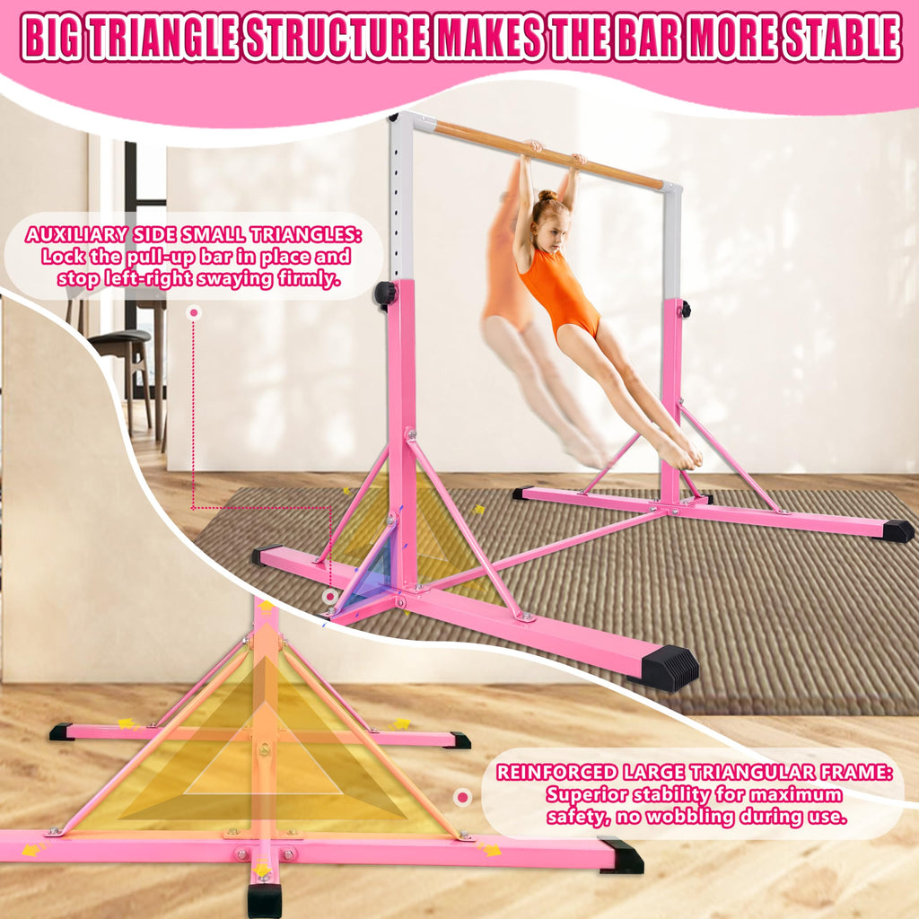 FC FUNCHEER Gymnastics Bar for Kids Ages 3-15, 35" to 60" Adjustable Height, 4FT Wide Base - Professional Kip Bar with 360° Stability & Fiberglass Crossbar, Easy Fold&Solid Design for Home Training