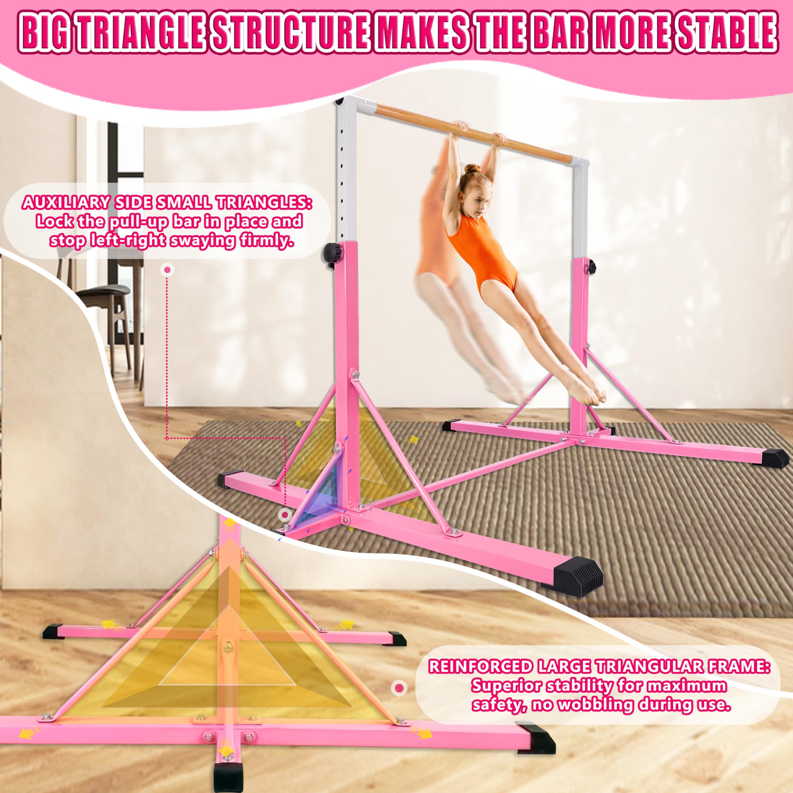 FC FUNCHEER Gymnastics Bar for Kids Ages 3-15, 35" to 60" Adjustable Height, 4FT Wide Base - Professional Kip Bar with 360° Stability & Fiberglass Crossbar, Easy Fold&Solid Design for Home Training