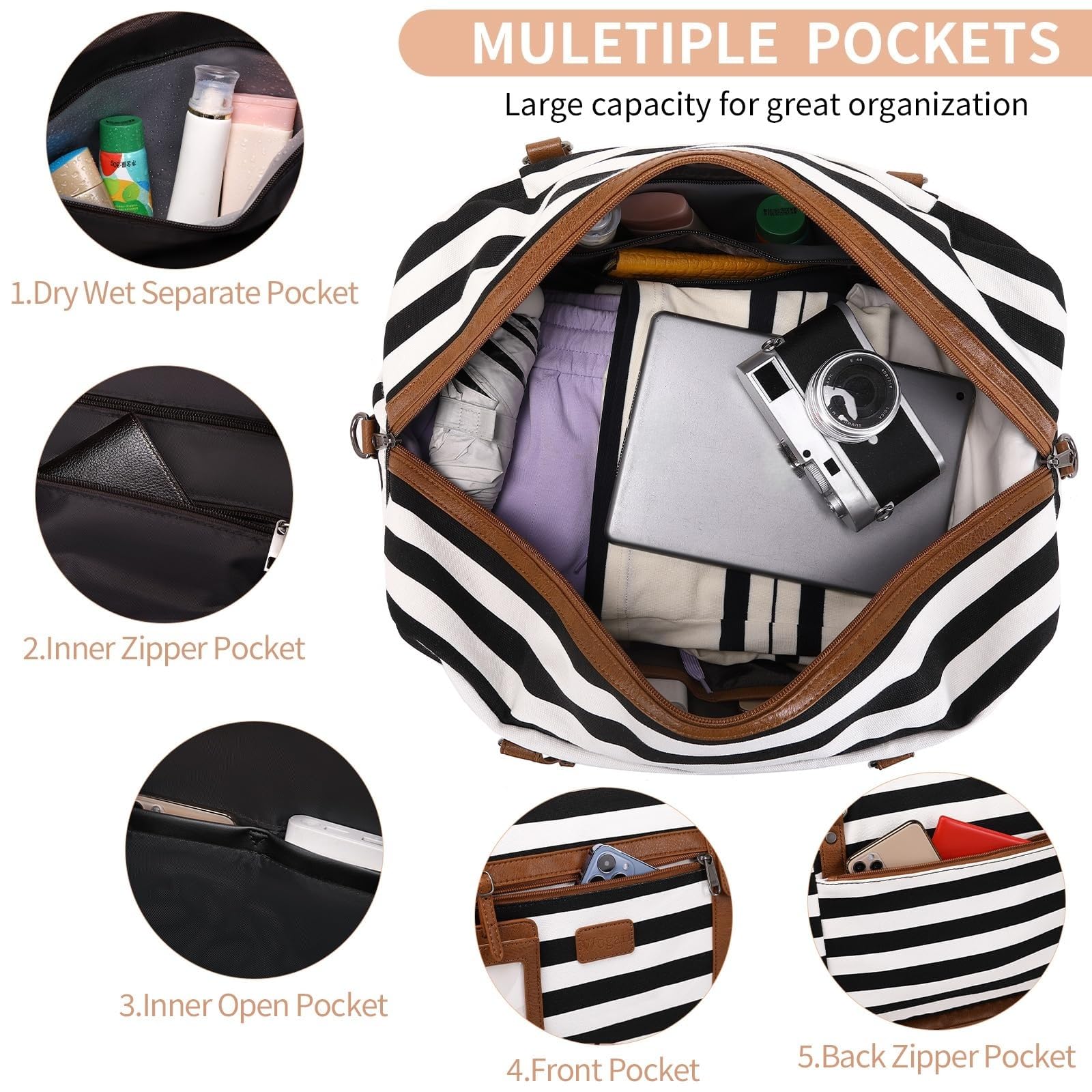 Wogarl 4PCS Weekender Bags for Women Large Overnight Weekend Travel Duffel Carry on Shoulder with Shoe Compartment Canvas Toiletry Bag for Travel Business Gym