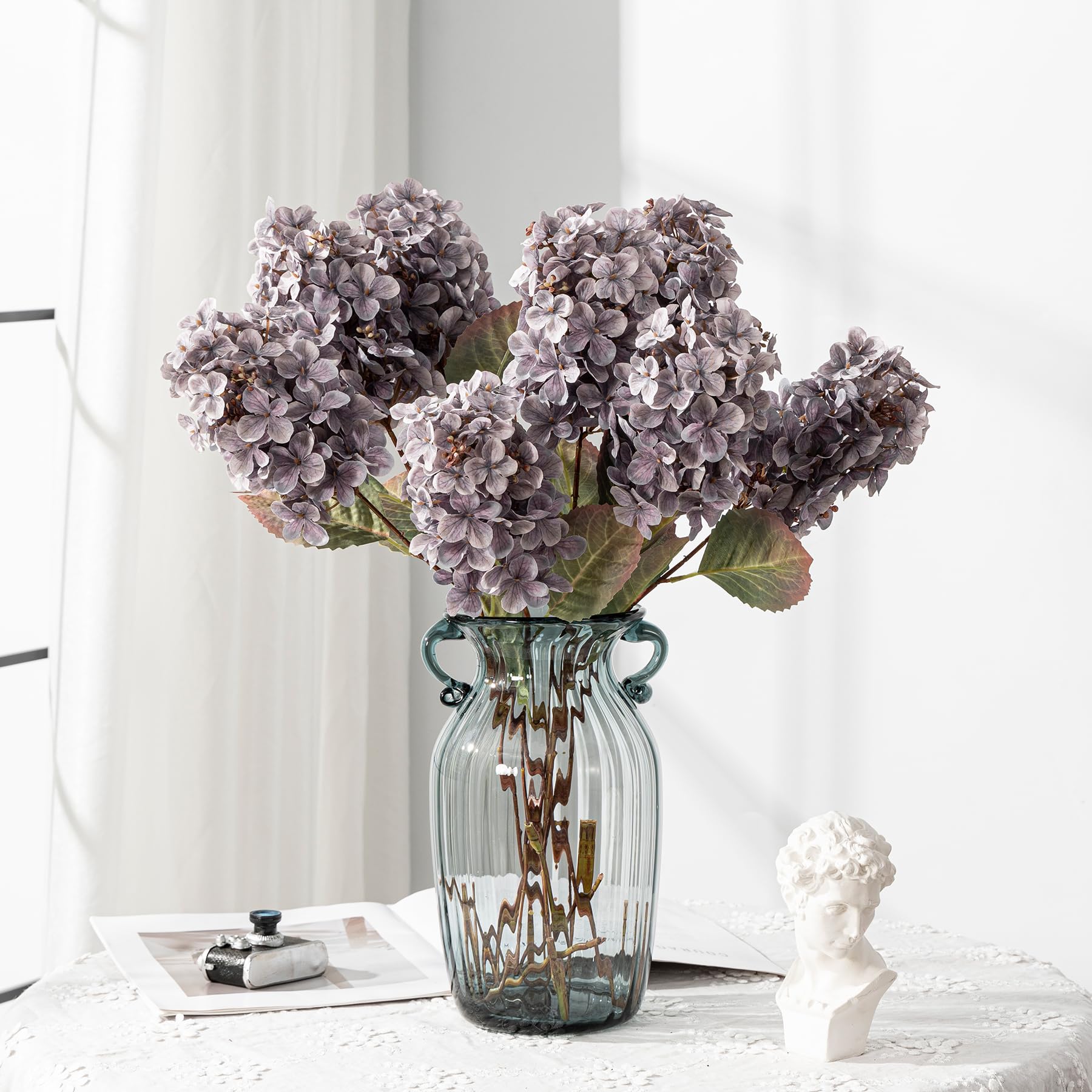 Ttranewsoo Hydrangea Artificial Flowers,Fall Hydrangeas Artificial Flowers,Blue Fake Fall Dried Hydrangea Flowers Decoration,Faux Silk Flower with Stems Winter Decor(Blue 24" 8pcs) Without Vase