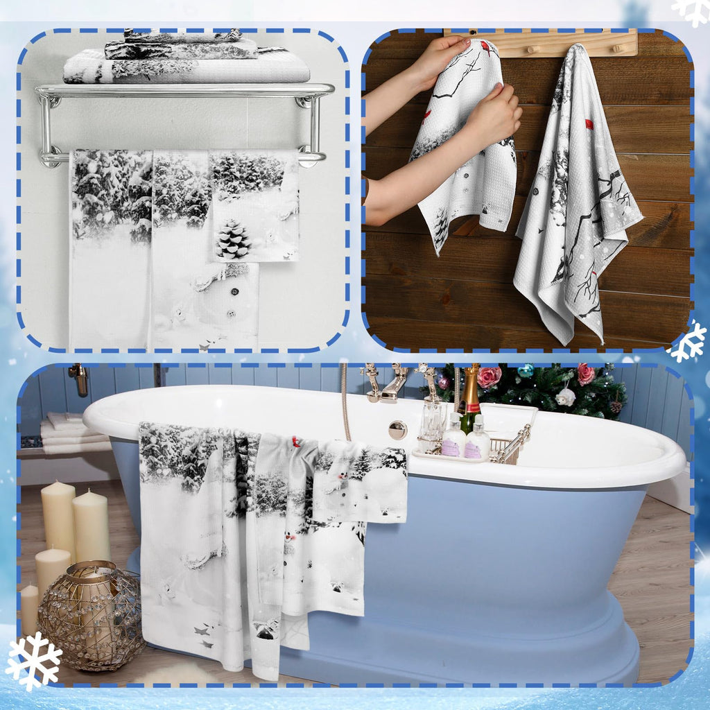 Preboun 3 Pack Christmas Gnome Bathroom Towels Set - Christmas Tree Hand Towels, Winter Snowflake Bath Towels, Soft Absorbent Dish Towels for Bathroom, Kitchen, Home, Hotel, Beach, Gym, Spa