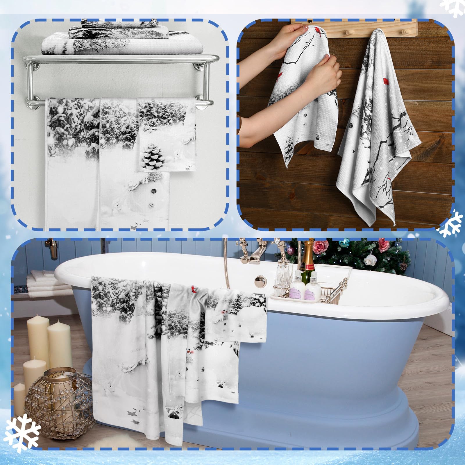 Preboun 3 Pack Christmas Gnome Bathroom Towels Set - Christmas Tree Hand Towels, Winter Snowflake Bath Towels, Soft Absorbent Dish Towels for Bathroom, Kitchen, Home, Hotel, Beach, Gym, Spa