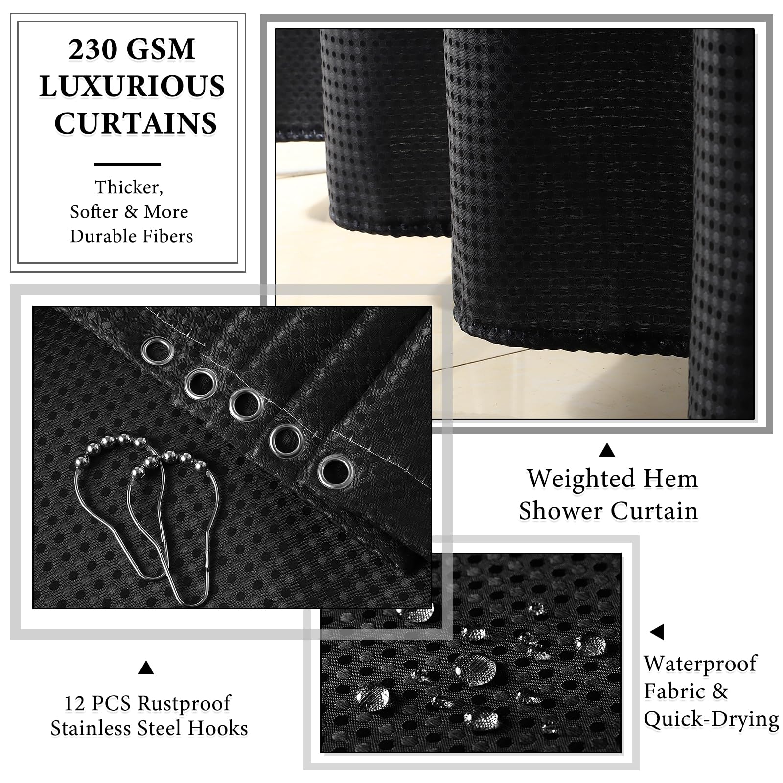 XLHOMO 24 PCS Black Bathroom Accessories Set with Shower Curtain and Rugs, Bathroom Decor Set with Trash Can, Toilet Brush, Soap Dispenser, Toothbrush Holder, Tumbler, Soap Dish and Jars