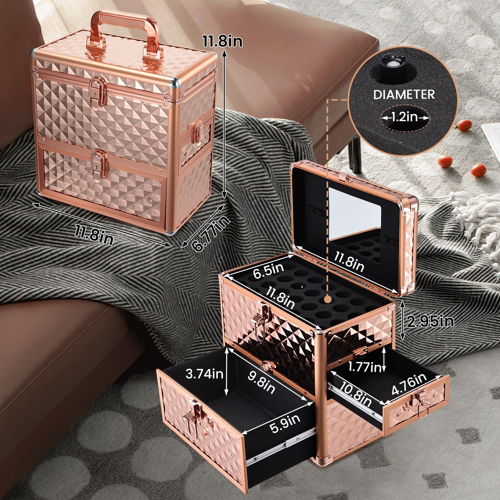 Frenessa Nail Polish Makeup Train Case with Drawer and Dividers Manicure Organizer Accessory Storage Makeup Box With Mirror Lockable Keys Nail Kit Organizer Cosmetic Case Jewelry Box - Black