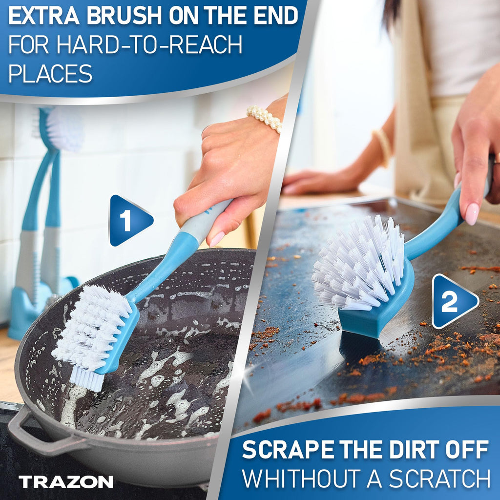 Dish Brush Set of 5 with Holder - Kitchen Scrub Brushes with Non-Slip Long Handle for Cleaning, Scrubber, Dishwashing, Dishes, Bottles, Straws, Cups, Pots & Sink, Baige
