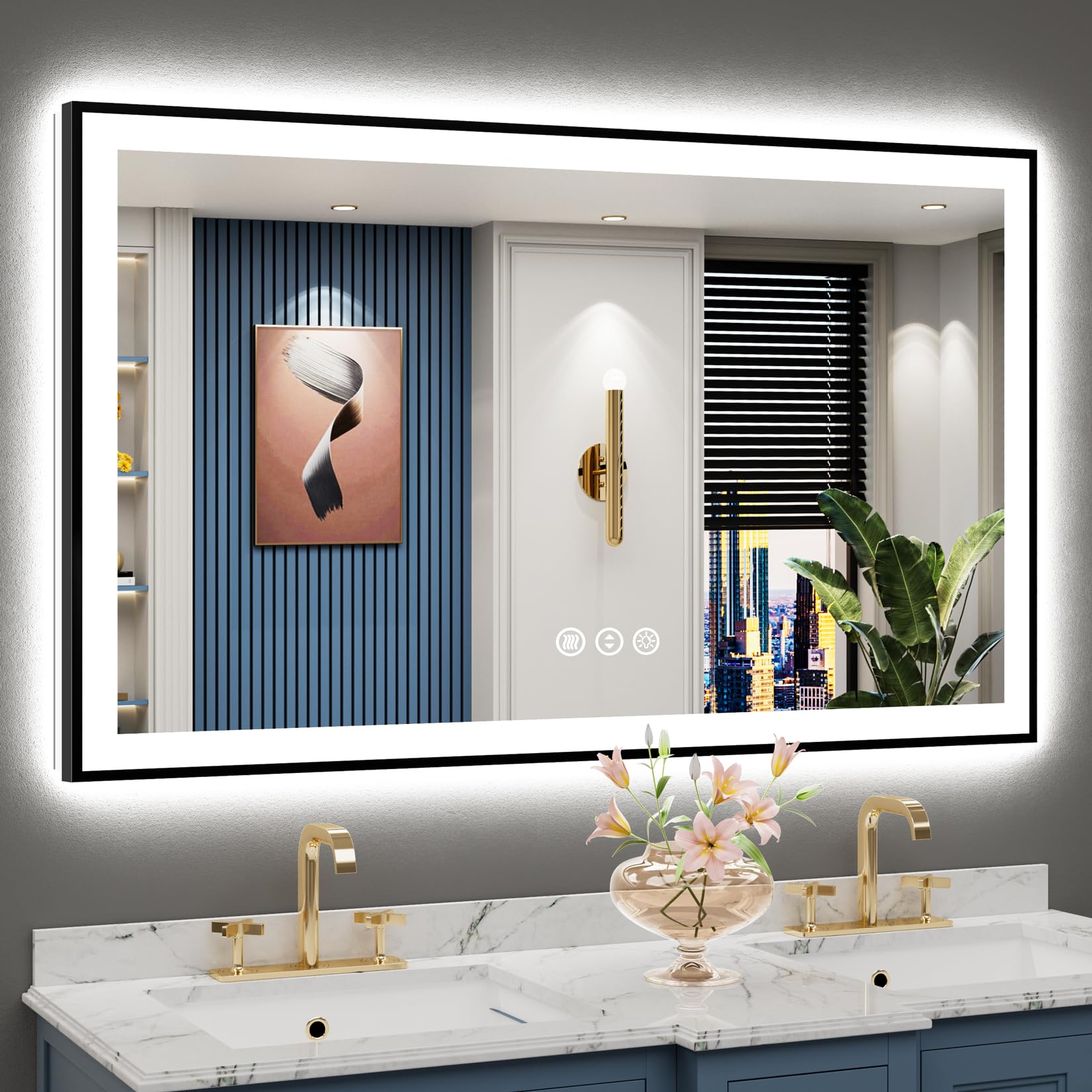 24x32 Black Framed LED Bathroom Mirror with Lights, Backlit and Front Lit Anti-Fog Lighted Vanity Mirrors for Bathroom Wall, Dimmable, 3 Colors, Memory, HD Tempered Glass, Horizontal/Vertical