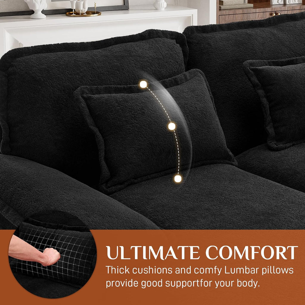 U Shaped Cloud Couch Sectional Sofa, 124" Comfy Fluffy Chenille Cloud Black Sectional Couches for Living Room with Double Chaise Lounge, Modern Modular Sofa with Central Console & USB Port