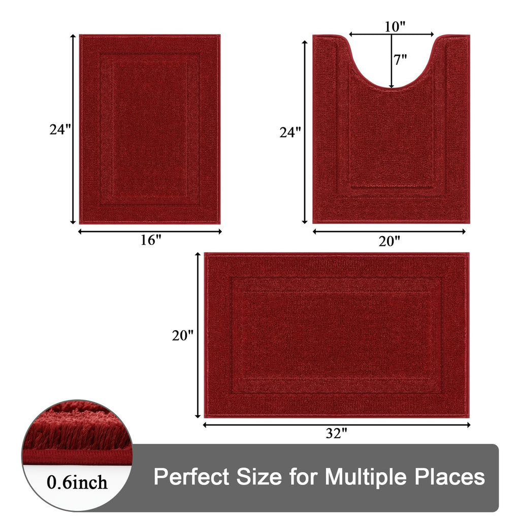 SHACOS Black Bathroom Rugs Sets 3 Piece, 16"x24" + 20"x32" Non Slip Bath Mat and 20"x24" Toilet Rugs U Shaped Washable, Soft Fluffy Water Absorbent Bath Rugs for Bathroom