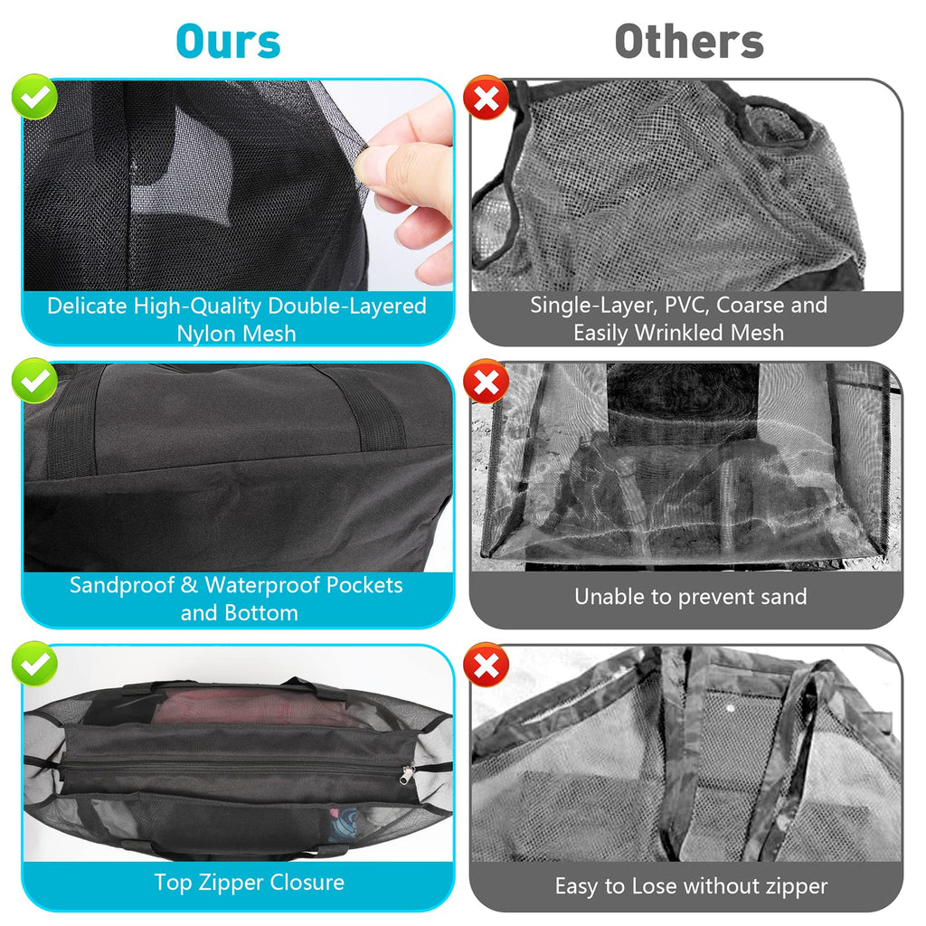 Mesh Beach Bag - Large Waterproof Beach Tote Bag with Zipper, Oversized Foldable Lightweight Family Swim Bag Vacation
