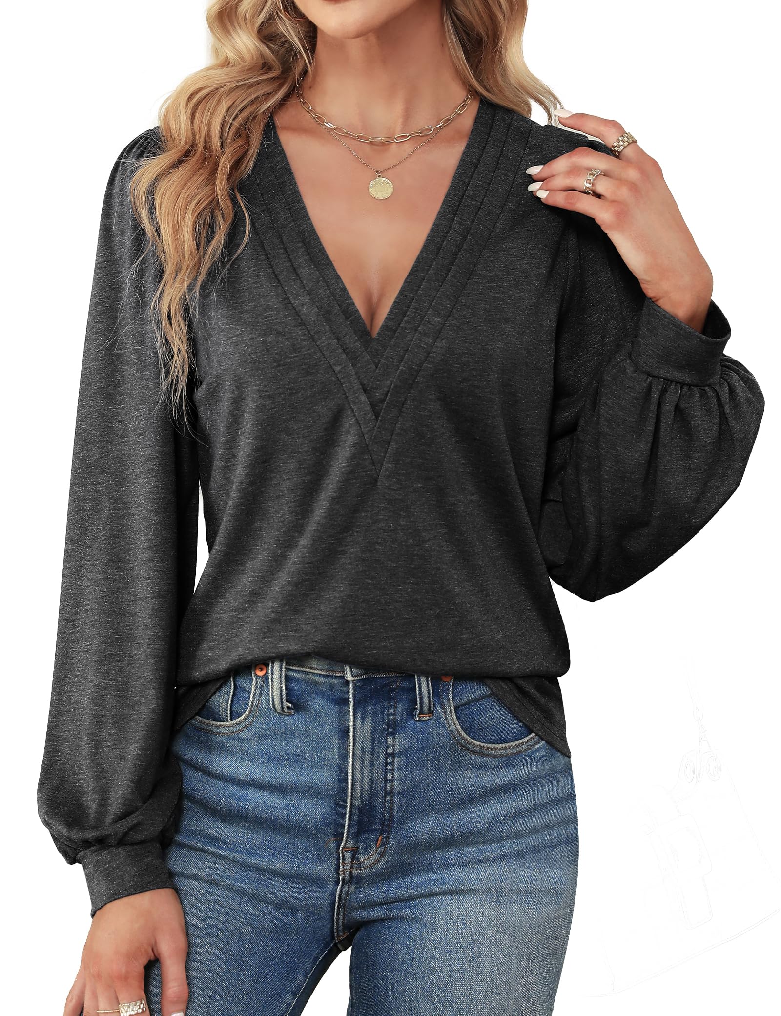 Agnes Urban Womens V Neck Long Sleeve Tops Dressy Casual Fall Shirts Puff Sleeve Loose Tunic Trendy Tops Blouses
