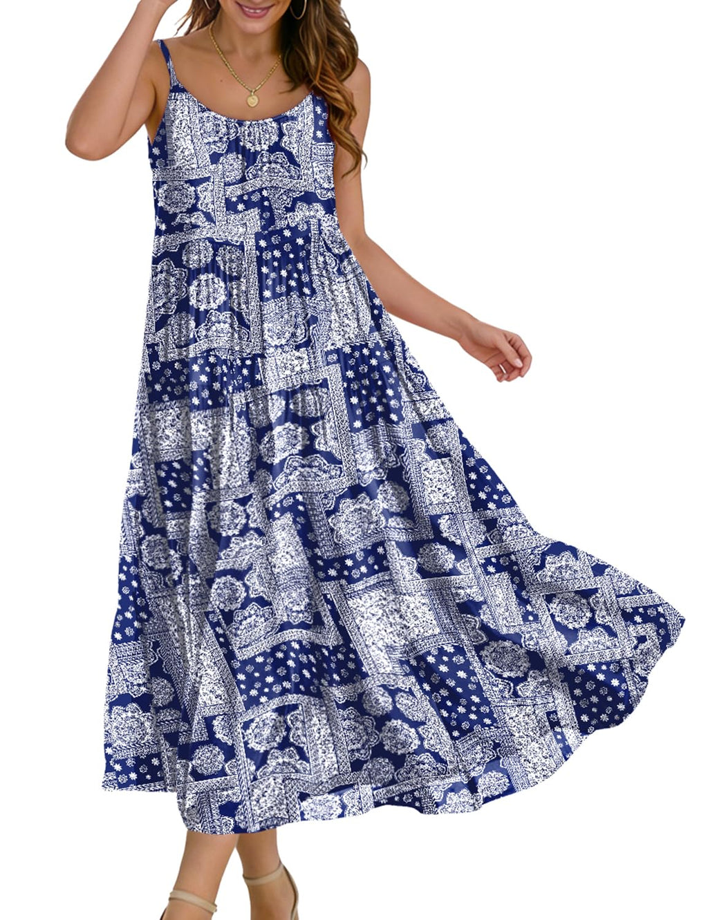 YESNO Summer Bohemian Floral Dresses for Women Spaghetti Straps Maxi Dress Casual Flowy Dresses with Pockets ES0