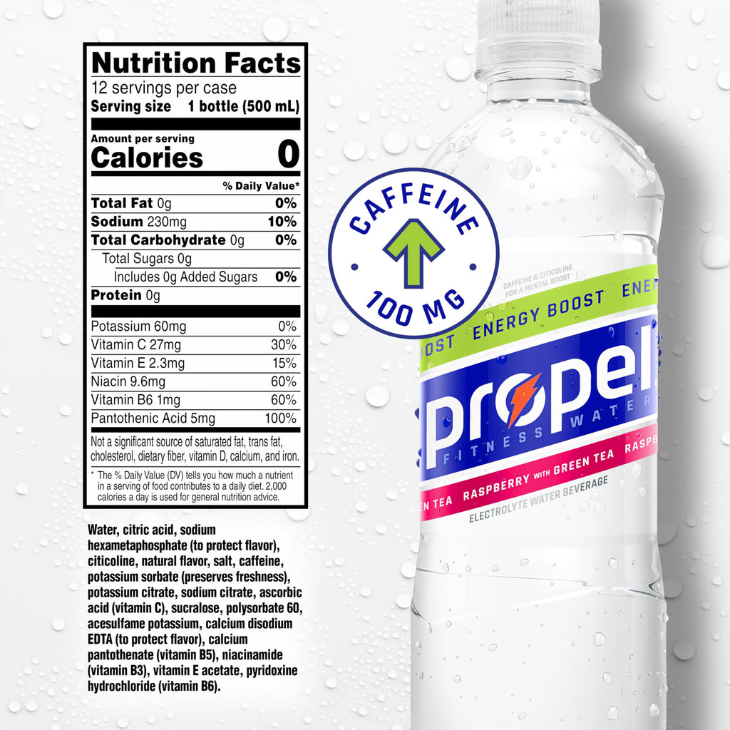 Propel Energy Boost Zero Calorie Flavored Water with Electrolytes and Caffeine, 3 Flavor Variety Pack, 16.9 fl oz Bottles (12 Pack)