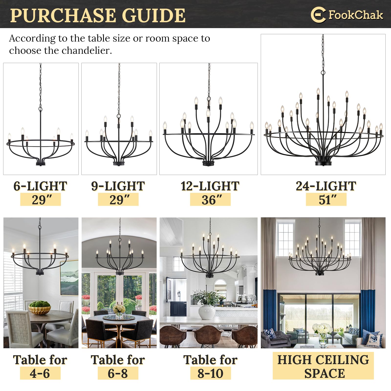 Black Chandelier 6-Light Dining Room Chandelier Kitchen Chandeliers Over Table Round Living Room Chandelier Light Fixture for Bedroom, Kitchen, Foyer