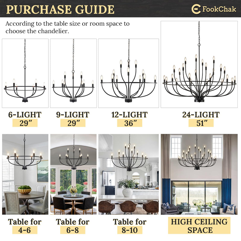 Black Chandelier 6-Light Dining Room Chandelier Kitchen Chandeliers Over Table Round Living Room Chandelier Light Fixture for Bedroom, Kitchen, Foyer
