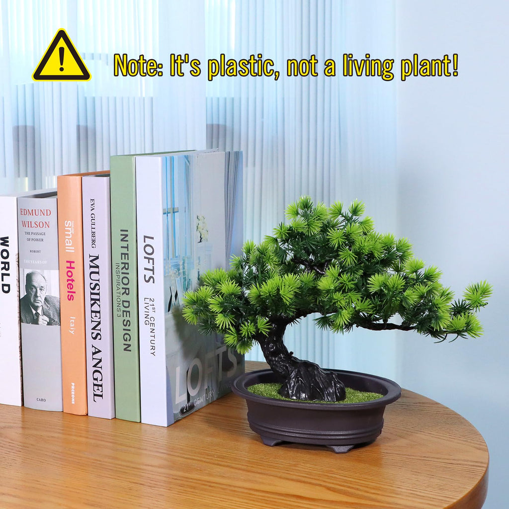 Small Fake Plants Desk Decor Artificial Bonsai with Pot, 9.5" Tall, Green