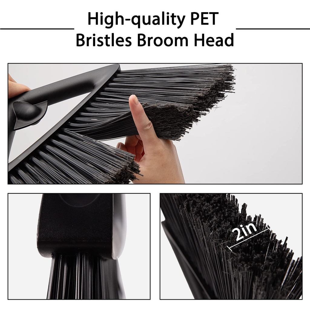 Eyliden Commercial Angle Broom and Dustpan Combo, with Long Handle and Lid, Lobby Dust Pan Sweep Set for Outdoor Garages Courtyard Sidewalks Decks Indoor Home Kitchen Room Office (Black Broom+Dustpan)
