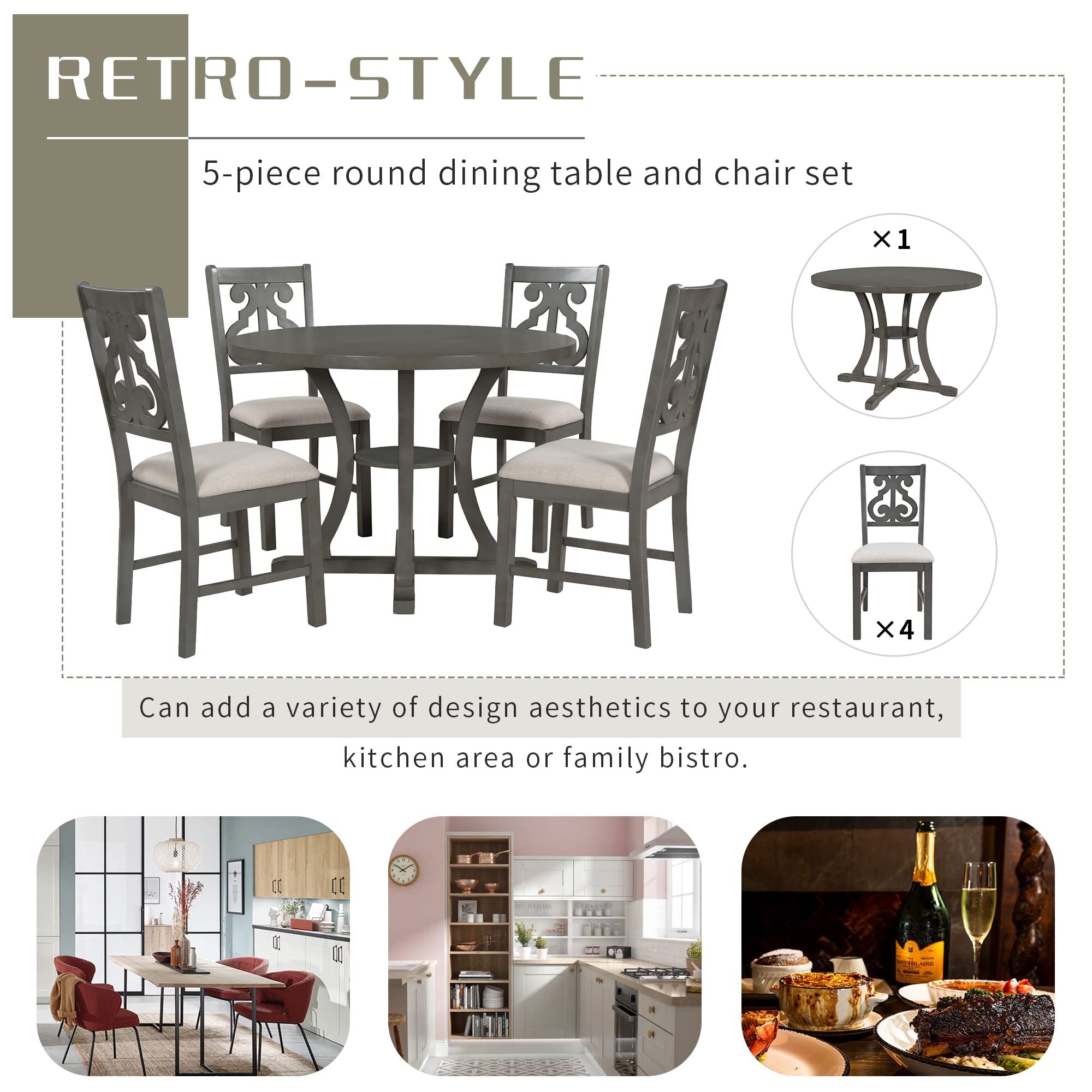 LUMISOL 5-Piece Dining Table Set for 4, Farmhouse Round Kitchen Table Set with Special Shaped Legs and 4 Upholstered Chairs for Kitchen, Dining Room, Small Space, Antique Blue