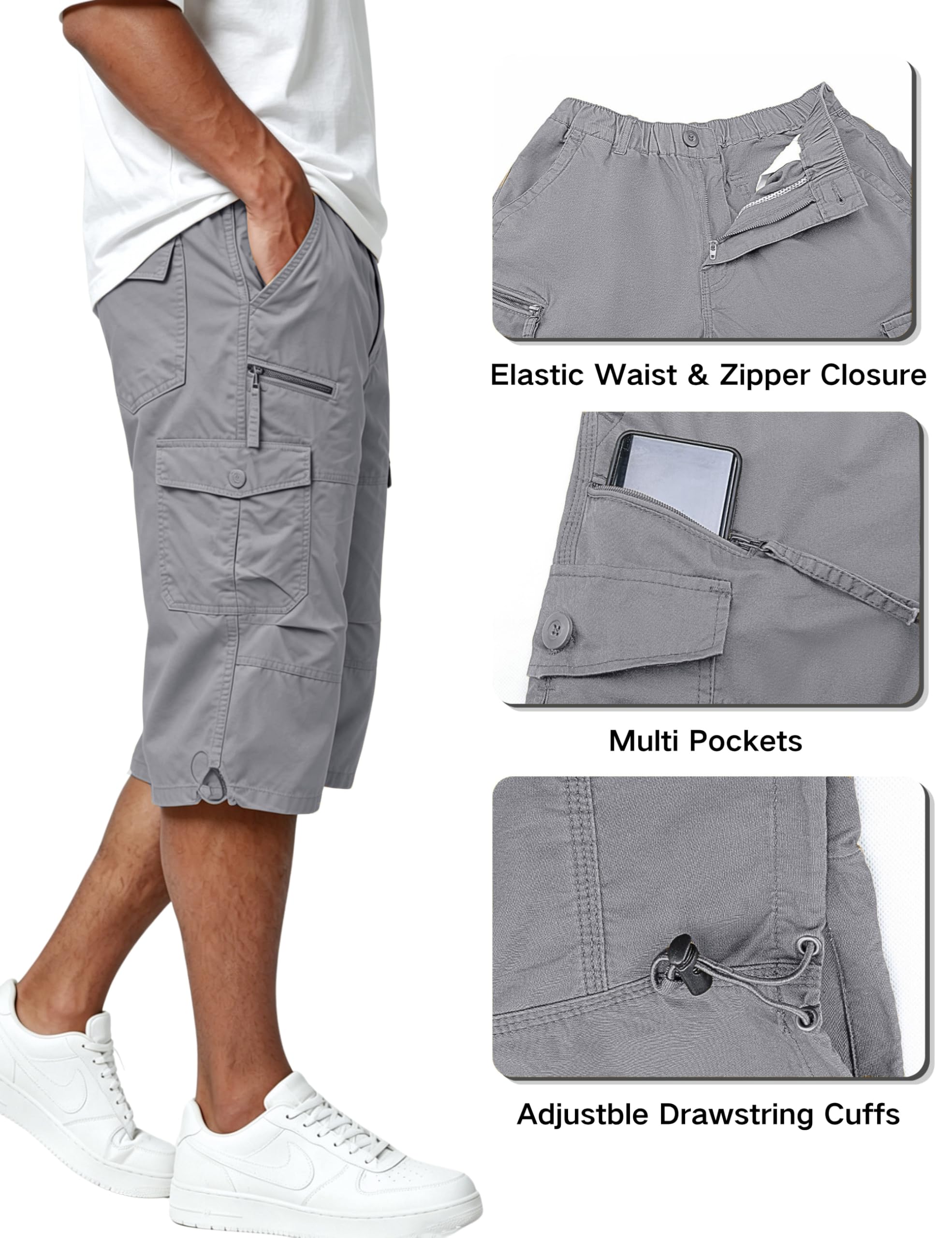 EKLENTSON Men's Cargo Shorts Casual Twill Elastic 3/4 Capri Pants Below Knee Long Shorts with 7 Pockets