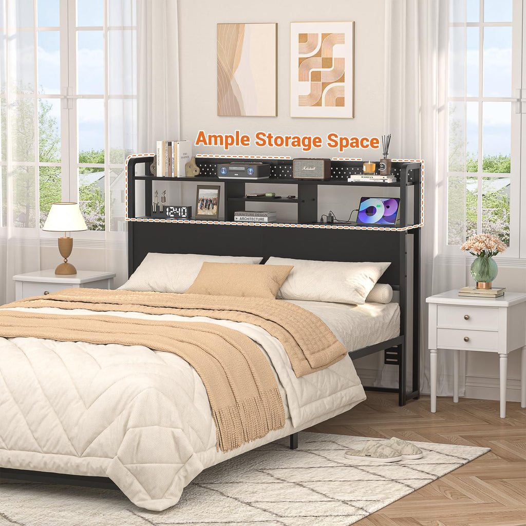 Unikito Headboard for Queen Size Bed with Storage Shelf, Head Board with 3 Outlets and 2 USB Ports, Headboards with RGB LED Light, Height Adjustable, Sturdy and Stable, Easy Assembly, Black