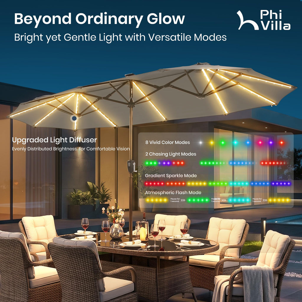 PHI VILLA 13ft Patio Umbrella with Solar-Powered 120 PCS LED Color-Changing Lights, Triple-Head Large Rectangle Umbrella Outdoor Patio for Table with Crank Lift,Beige(No Base)