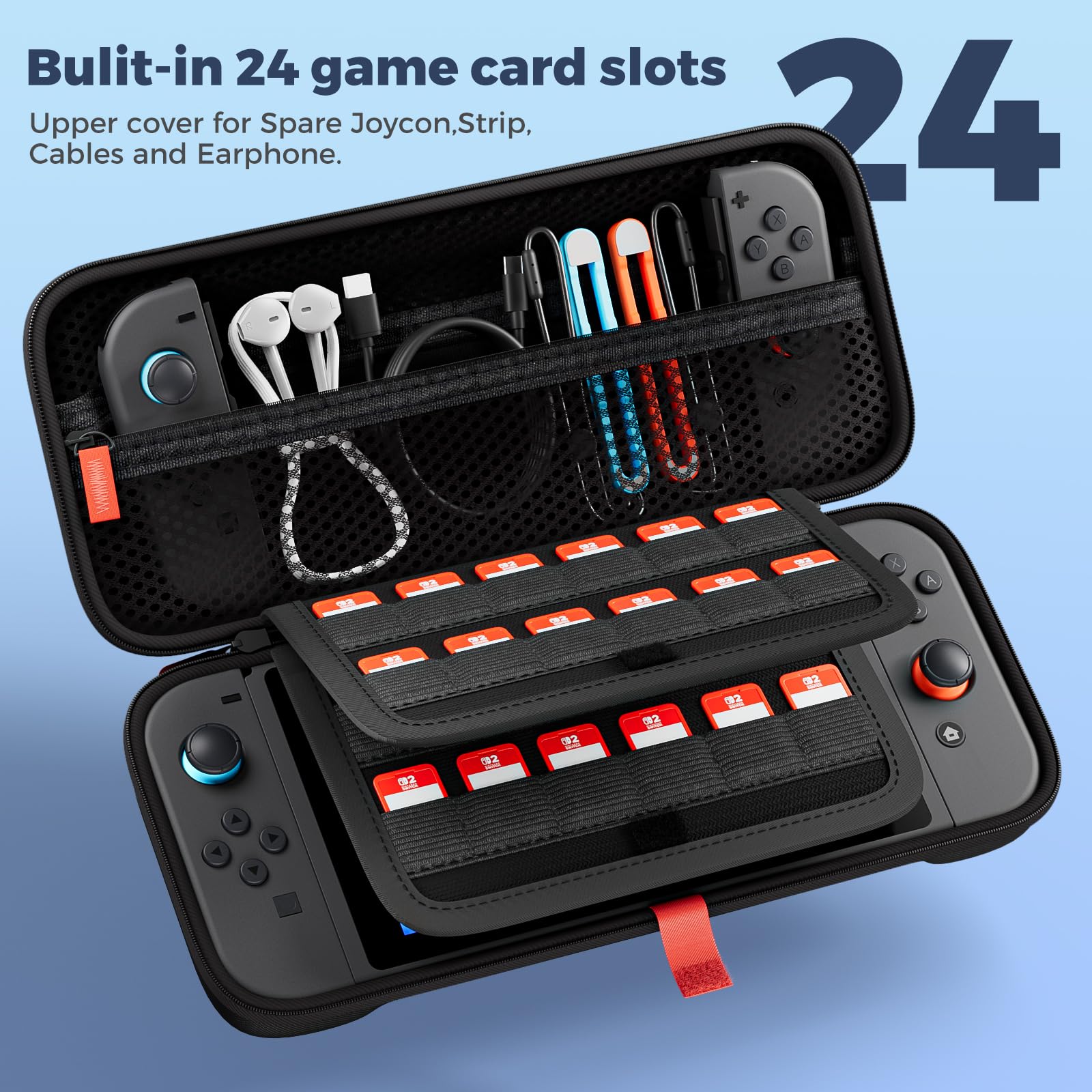 ProCase Carrying Case for Nintendo Switch 2 (2025) with 24 Game Card Slots, Hard Portable Travel Case Storage Bag Protective Pouch for 2025 Nintendo Switch 2 Console AC Adapter & Accessories -Black,L