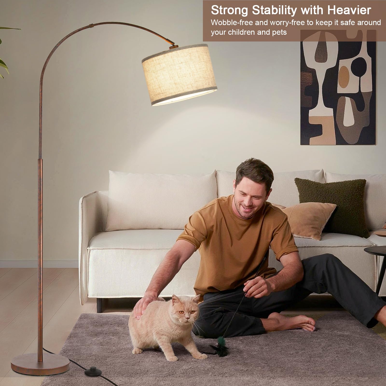Rattan Floor Lamp, Arc Floor Lamps for Living Room, Farmhouse Standing Lamp with Adjustable Hanging Fabric Shade, Tall Pole Lamp with Foot Switch, Over Couch Arched Reading Light for Bedroom, Office