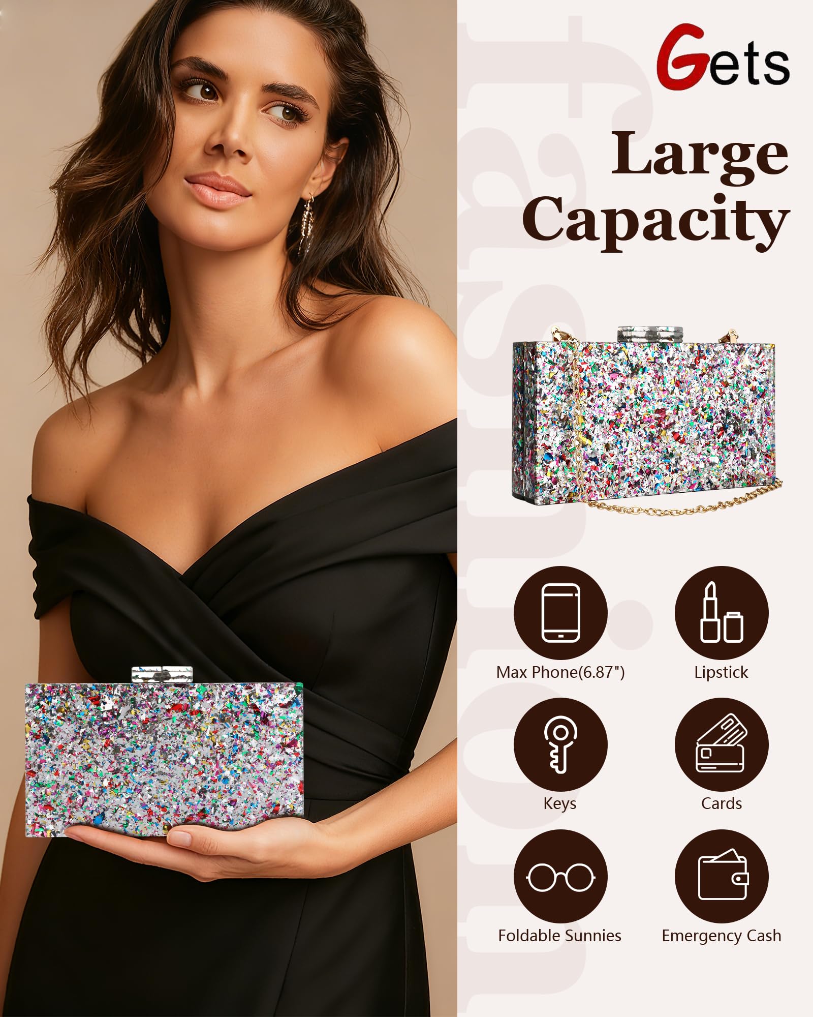 Gets Acrylic Purses and Handbags for Women Multicolor Perspex Geometric Patterns Box Clutch Banquet Evening Crossbody Handbag