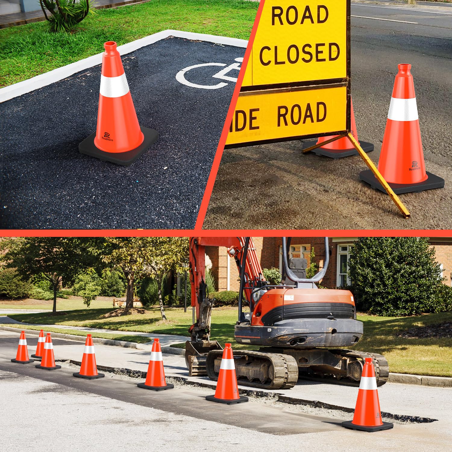RoadHero 4 Pack Traffic Safety Cones 18 Inch with Black Weighted Base, Plastic PVC Cone, Orange Cones with Reflective Collar, Cones for Parking Lot, Construction Events, Road Safety