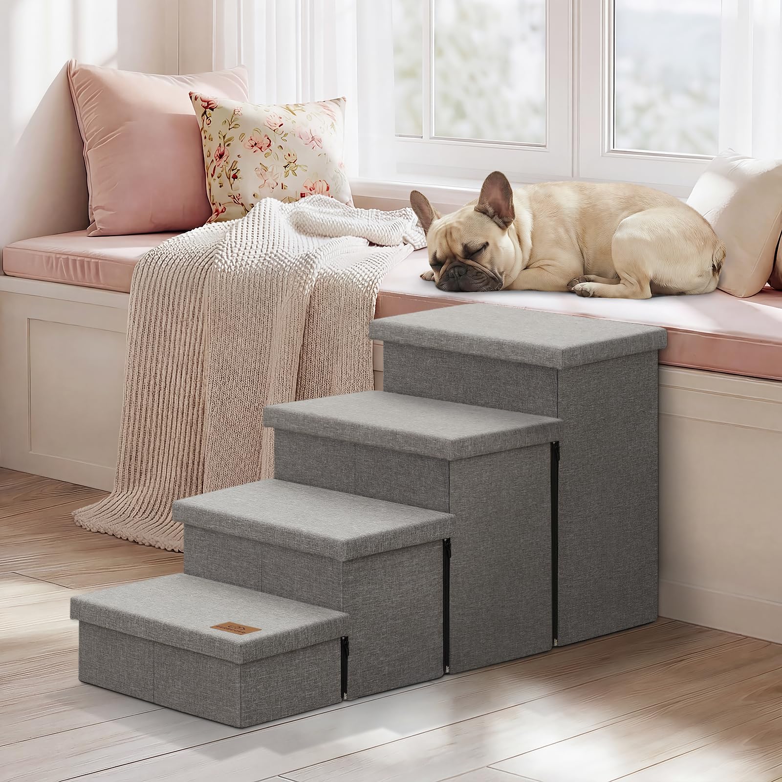 Zerbuger Dog Stairs with Condo 15" H, 2-Step Wider Dog Steps for Small/Medium/Large Old Dogs Cats, Folding Sturdy Storage Pet Stairs Climbing Bed Couch, Ramp for Car Hold Up to 150 lbs, Beige