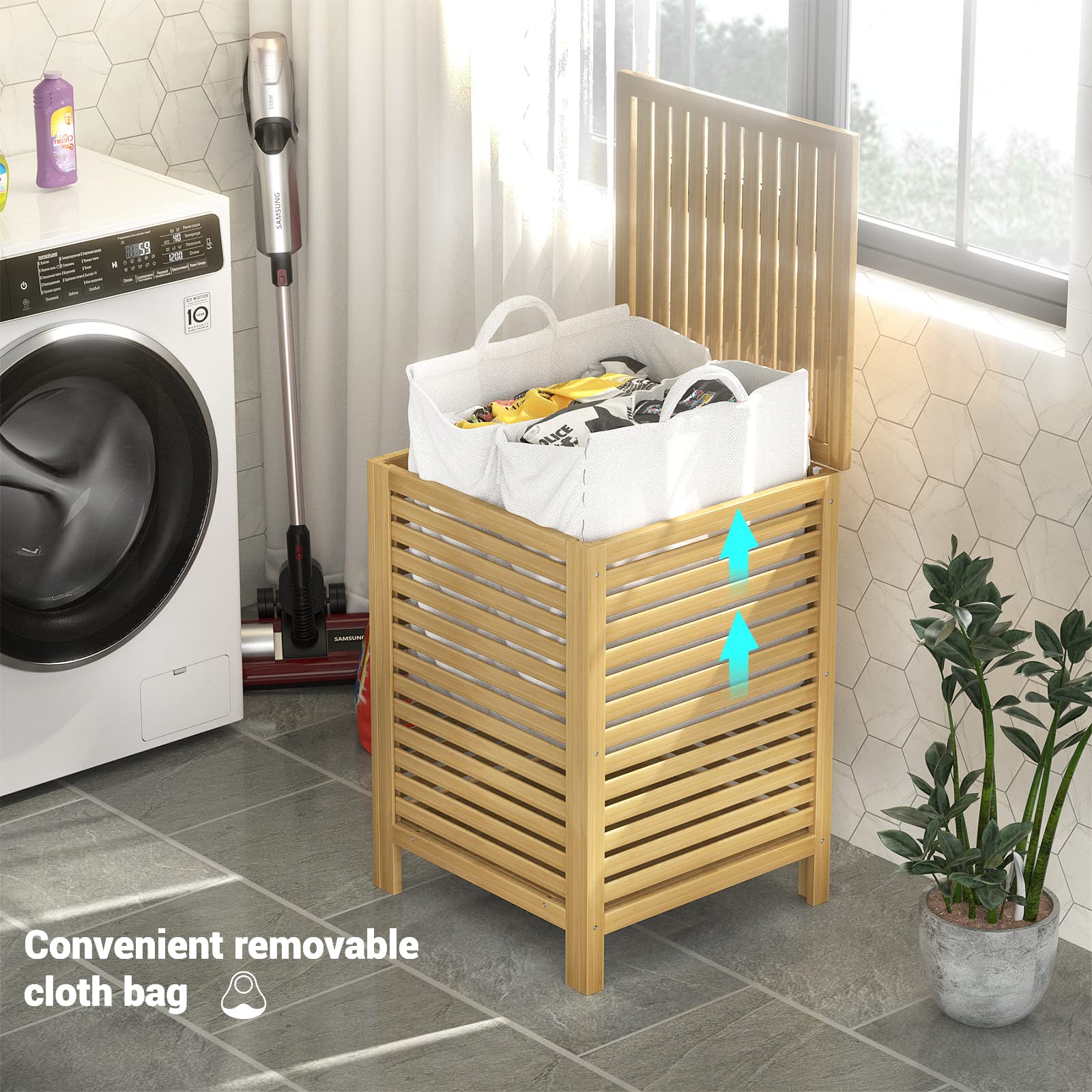 Homykic Bamboo Laundry Hamper with Lid, 120L Large Clothes Laundry Sorter with Removable 2-Section Liner Bag, Raised Laundry Basket Organizer for Clothing, Bathroom, Bedroom, Laundry Room, Black