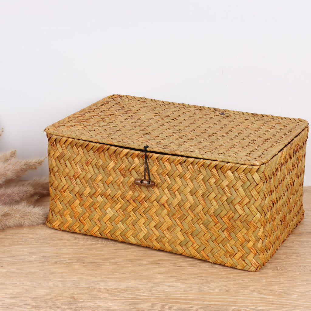 FEIALNDUO Wicker Shelf Baskets with Lid,Seagrass Storage Basket Bins Rectangular Handwoven Basket Boxes for Shelves Desktop Home Organizer (Coffee, X-Small)