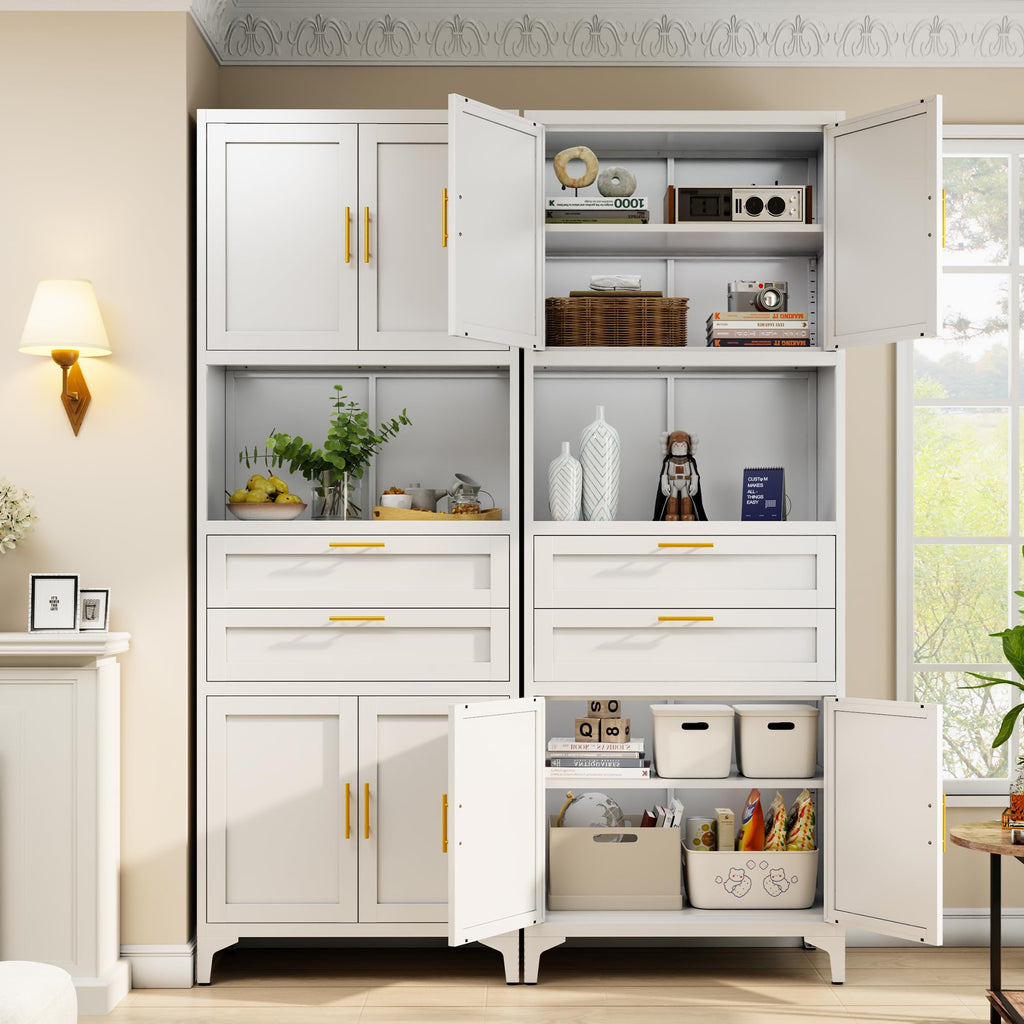 75” Tall Kitchen Pantry Storage Cabinet, Metal Storage Cabinet with 2 Drawers and Adjustable Shelves, Kitchen Pantry Cupboard, Freestanding Cupboard for Bathroom, Living Room(Black)