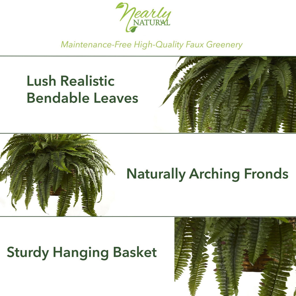 Nearly Natural 6599 18in. Boston Fern Artificial Plant in Hanging Basket, Green,29" x 29" x 18"