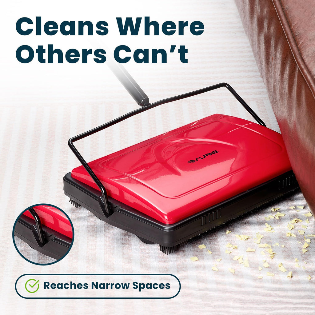 Alpine Manual Carpet Sweeper Triple Brush – Cordless Non Electric Multi-Surface Floor Brush Hardwood Floor Cleaner Easy Sweeping for Carpeted Floors (Improved Black)