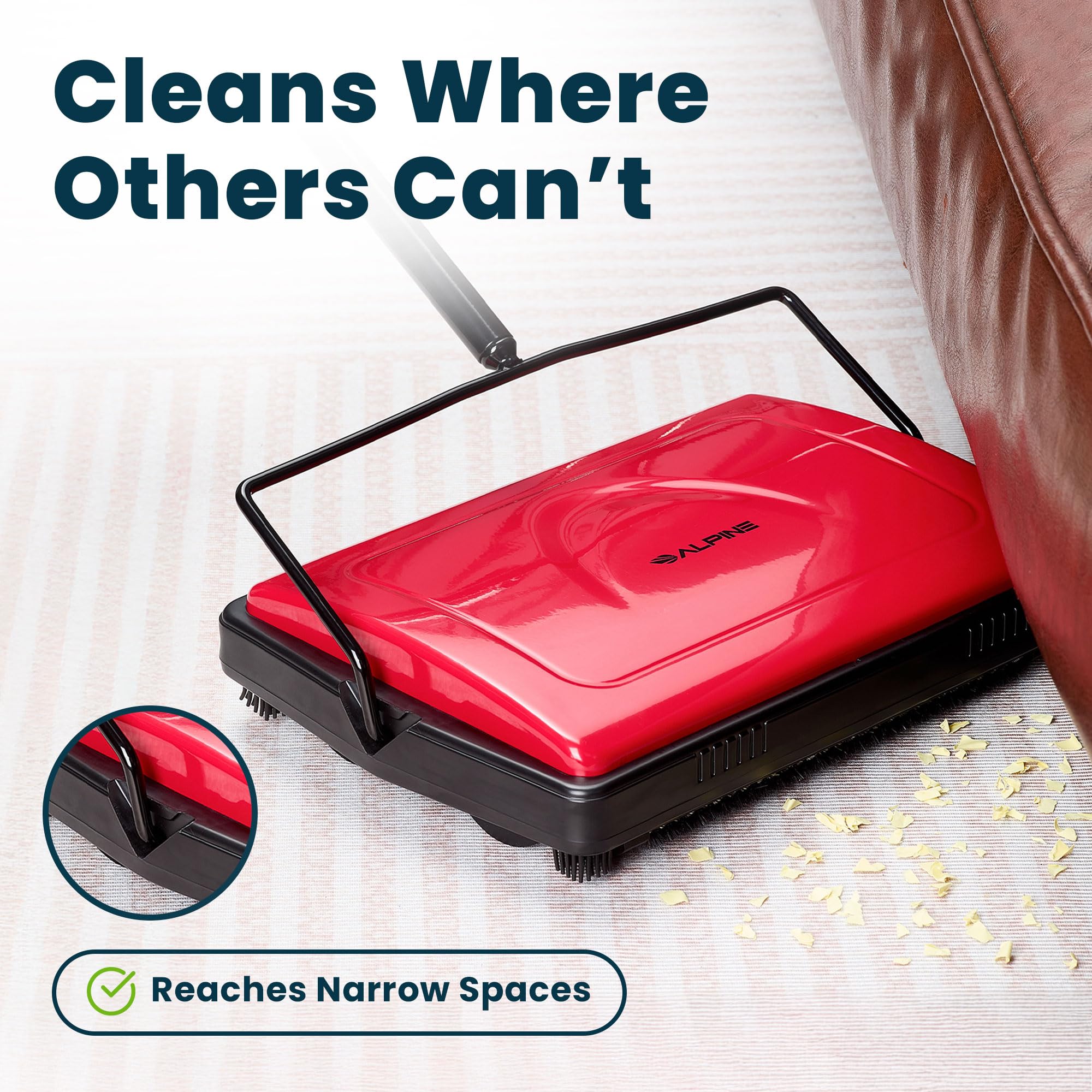 Alpine Manual Carpet Sweeper Triple Brush – Cordless Non Electric Multi-Surface Floor Brush Hardwood Floor Cleaner Easy Sweeping for Carpeted Floors (Improved Black)