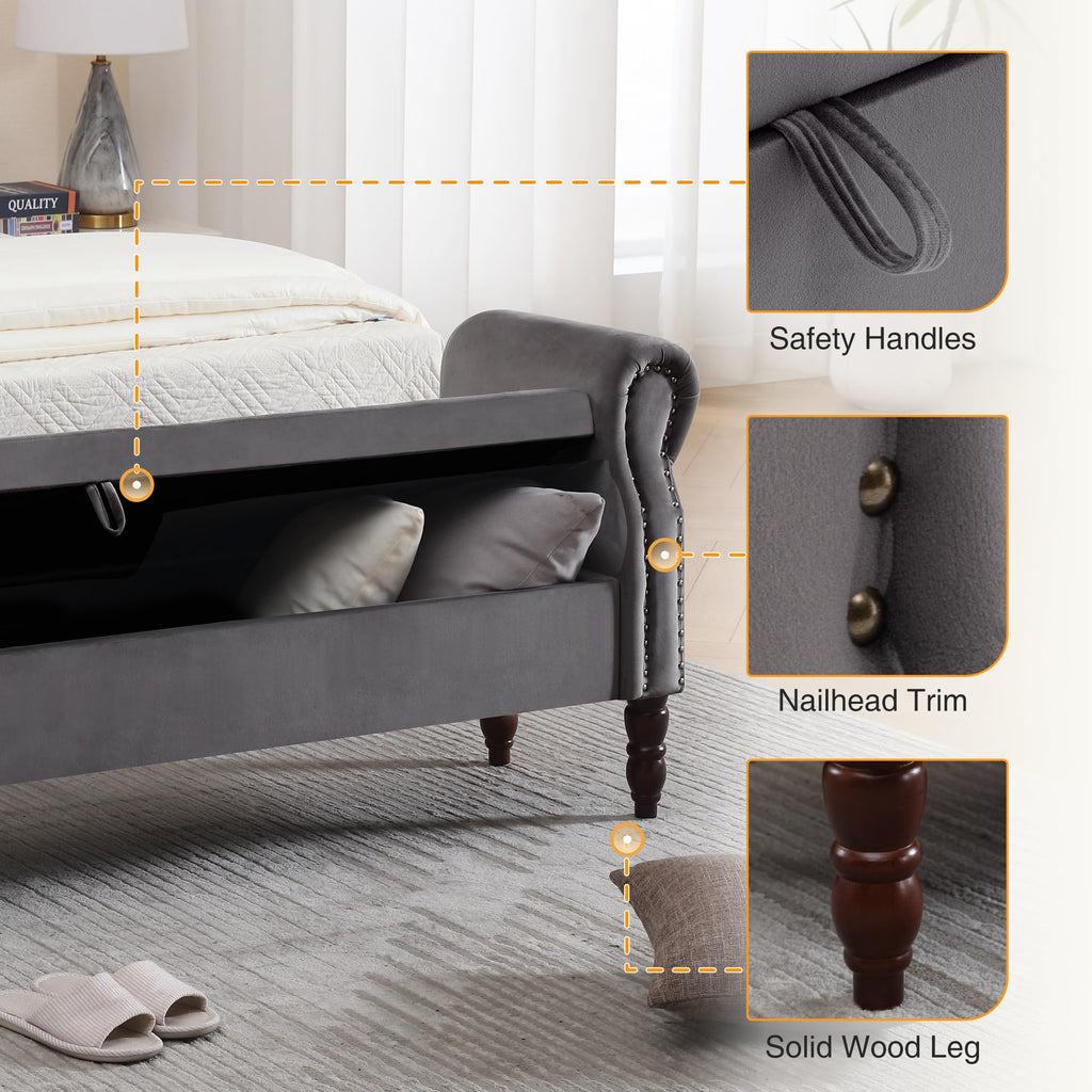 Storage Bench for Bedroom, 67" End of Bed Bench King Size, Velvet Bedroom Bench with Storage, Upholstered Tufted Storage Ottoman Benches with Arms for Bedroom, Entryway, Living Room, Beige