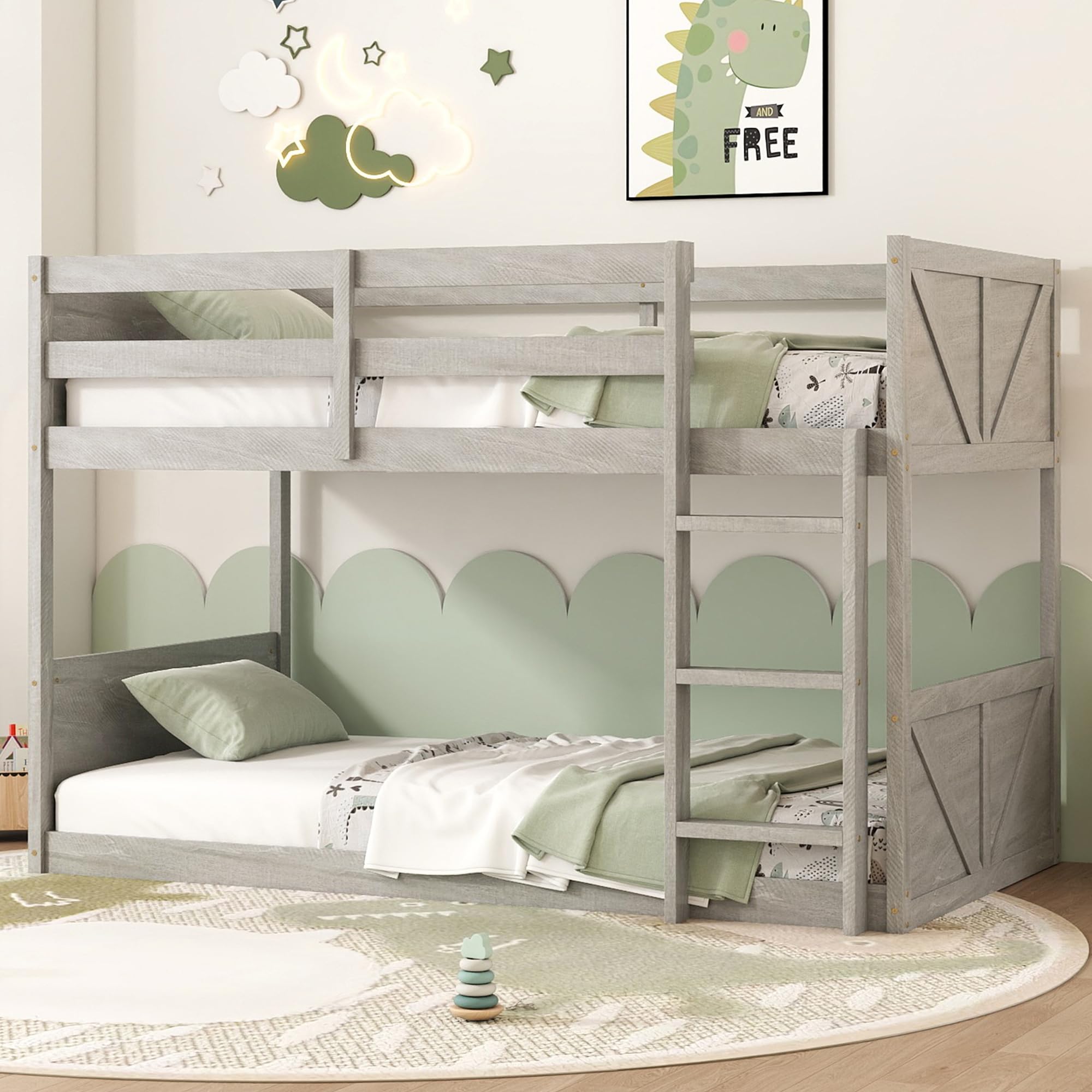 Bunk Bed Twin Over Twin, Wood Low Profile Floor Twin Bunk Beds with Headboard Ladder Guardrails for Kids Boys and Girls, No Box Spring Needed