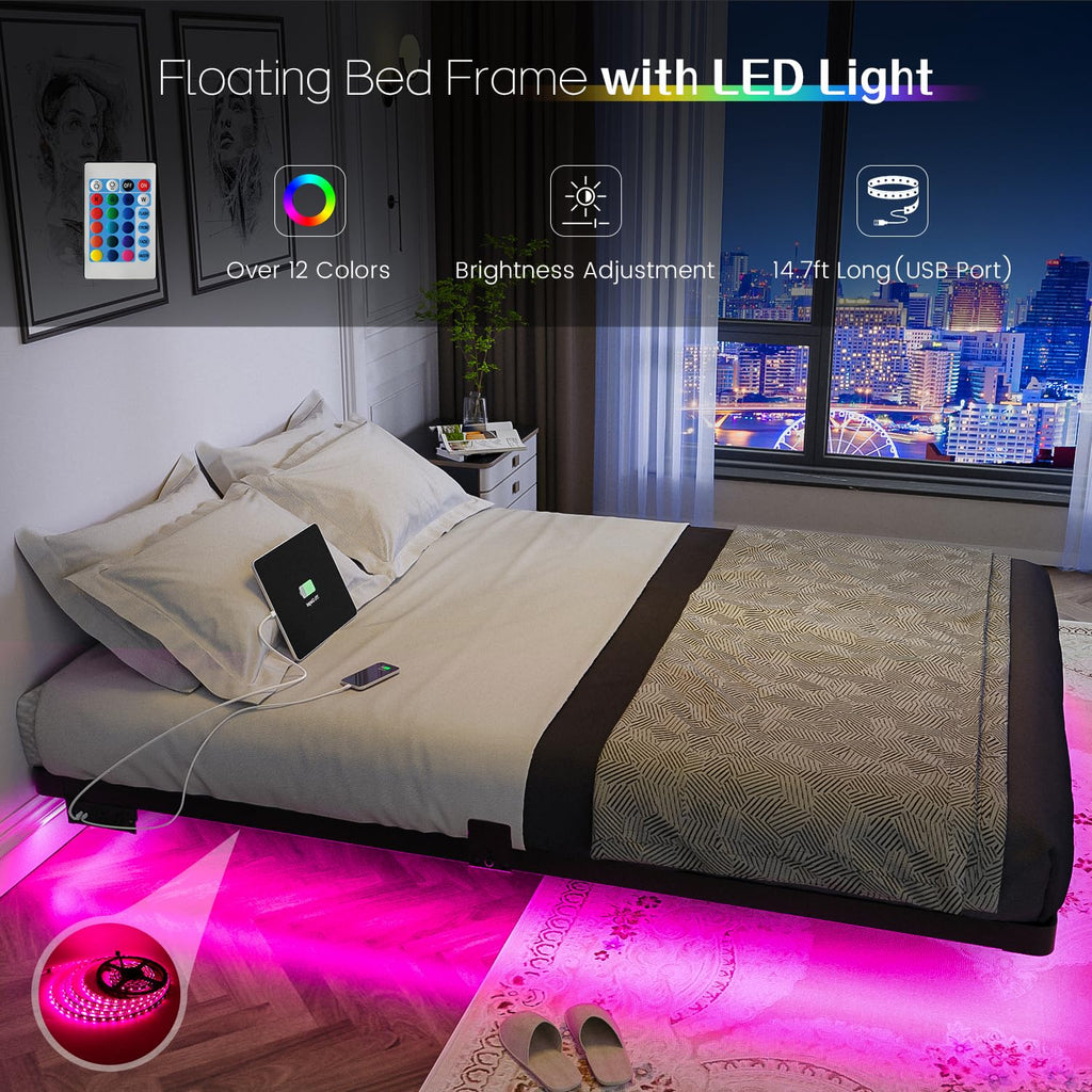 OLEVS Floating Bed Frame Full Size with Smart LED Lights and Charging Station - Modern Metal Platform Bed, Easy Assembly No Box Spring Needed