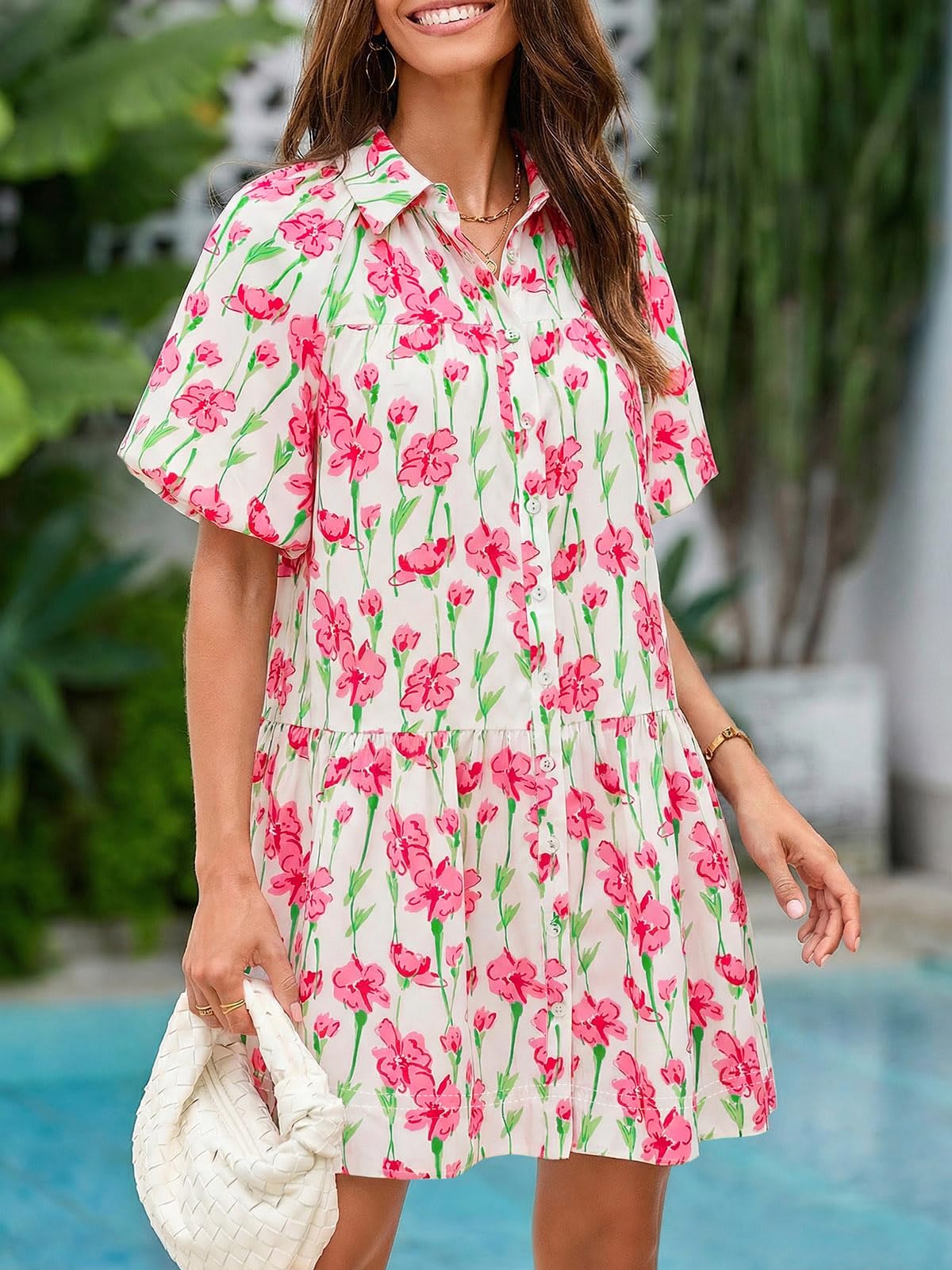 Wenrine Women's Summer Button Down Shirt Dress Floral Puff Short Sleeve Casual Loose Fit Beach Mini Dresses
