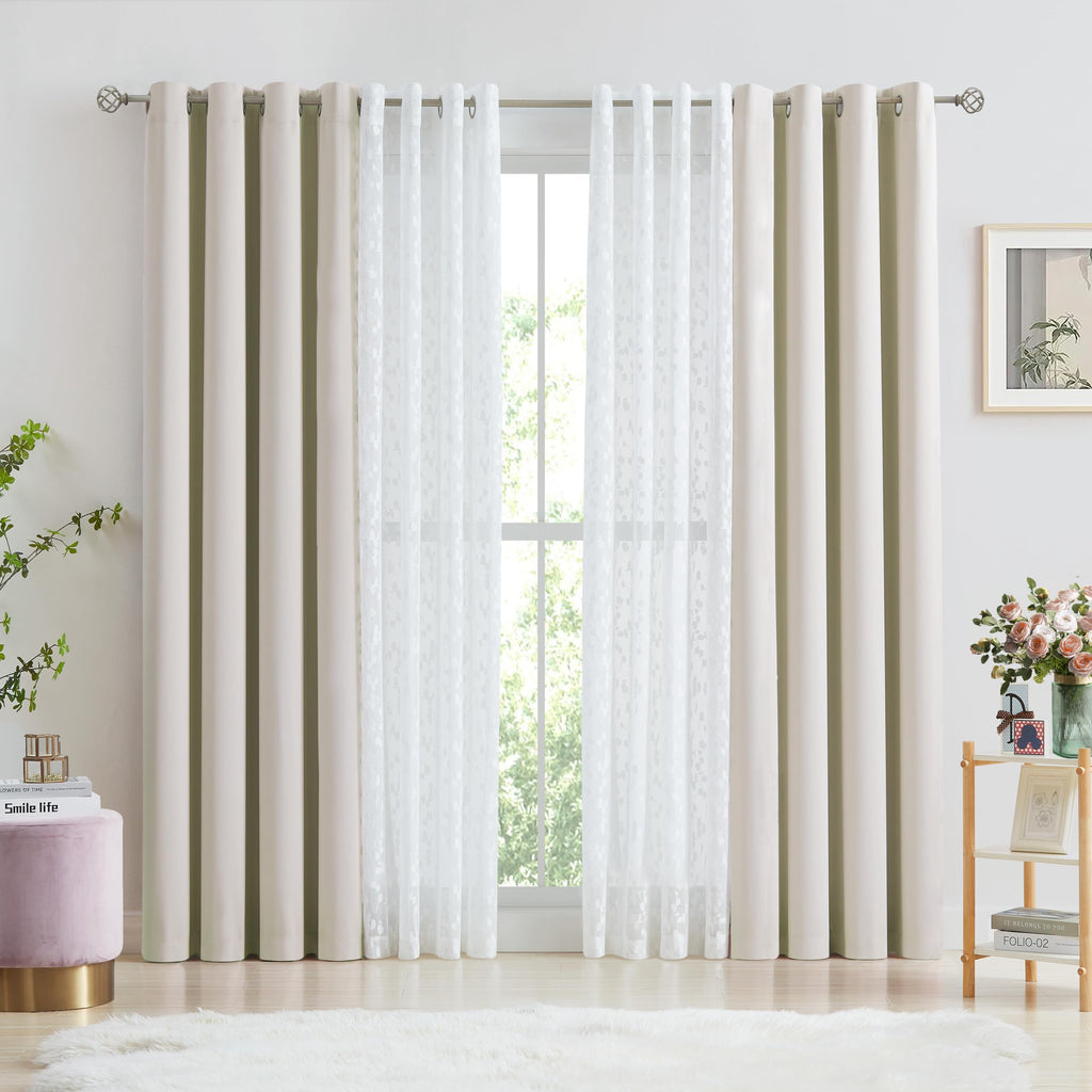 Jubilantex Full Blackout Curtains + Leaf Sheer Window Panels, Beige Mix and Match Style Double Layer Window Treatment Sets for Bedroom Living Room, 4 Panels 52" W x 63" L, Beige and White