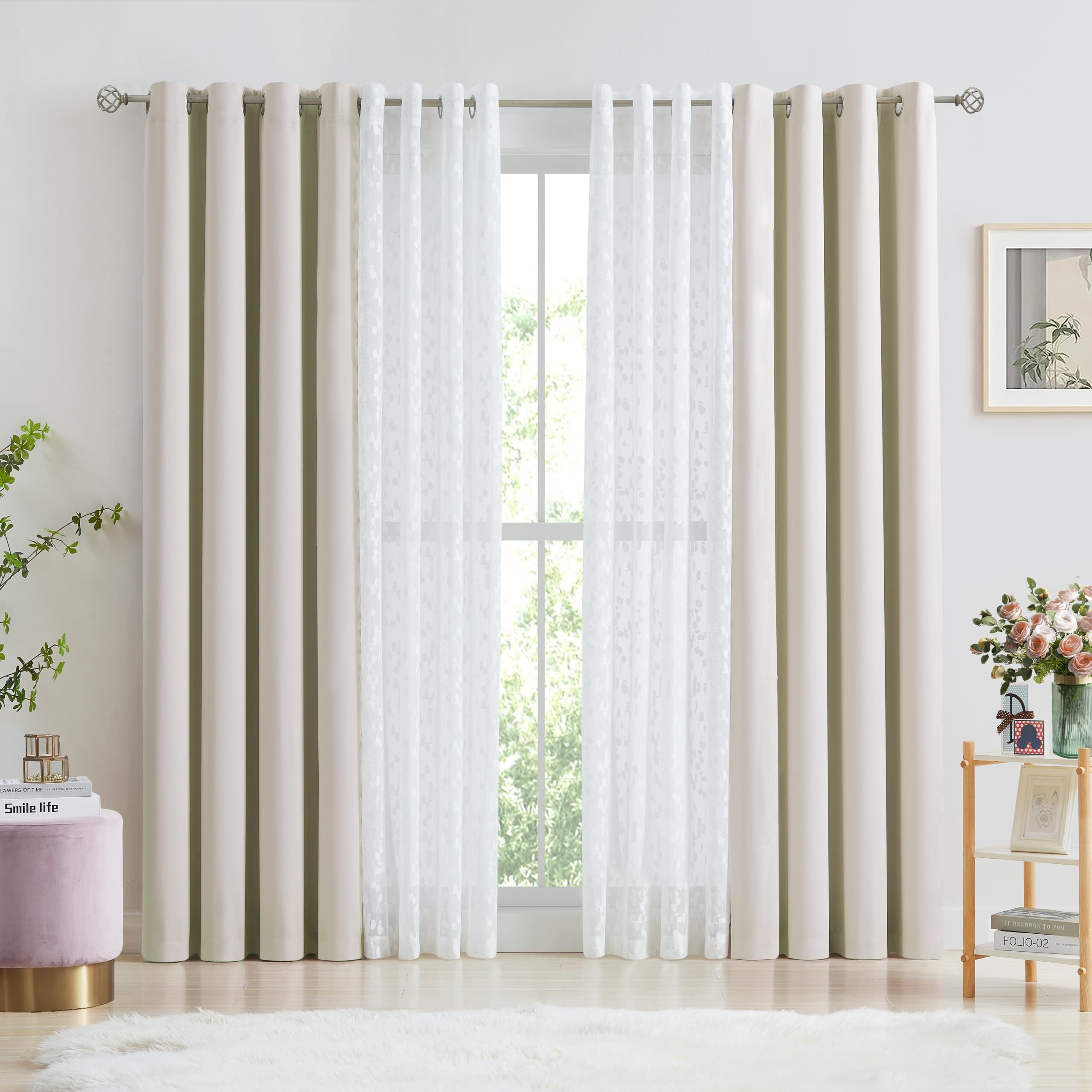Jubilantex Full Blackout Curtains + Leaf Sheer Window Panels, Beige Mix and Match Style Double Layer Window Treatment Sets for Bedroom Living Room, 4 Panels 52" W x 63" L, Beige and White