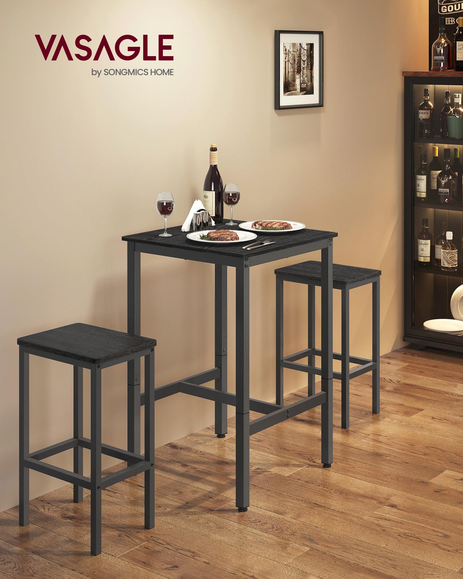 VASAGLE Bar Table, Kitchen Dining Table, High Top Pub Table, Bar Height Cocktail Table for Living Room Party, Sturdy Metal, 15.7 x 39.4 x 35.4 Inches for Narrow Spaces, Ebony Black and Ink Black