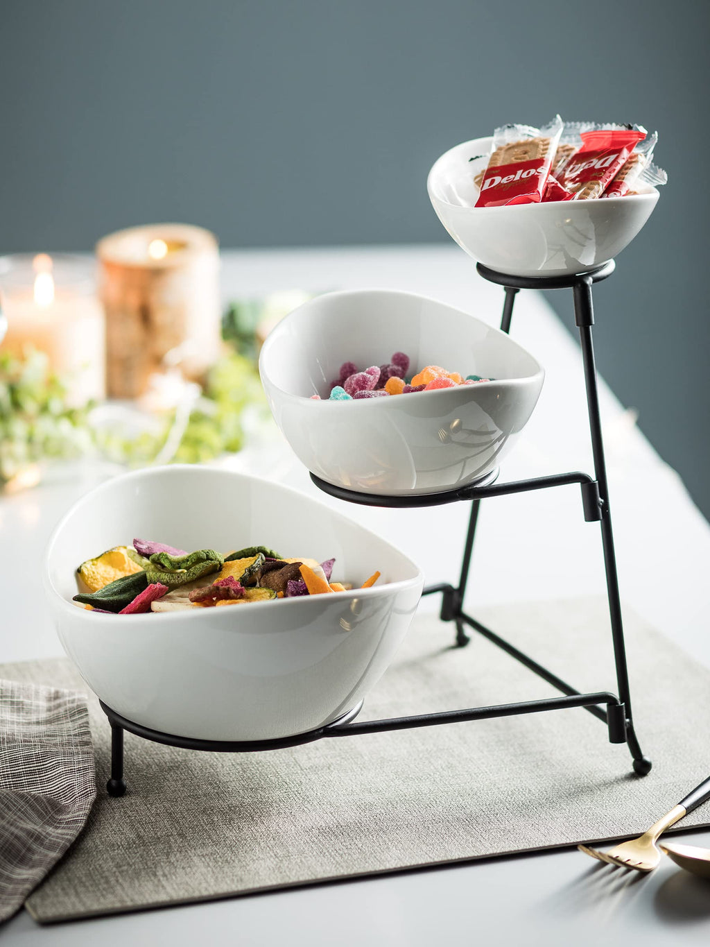 Miamolo 3 Tier Serving Bowls with Stand for Entertaining Party | Ceramic, Chip and Dip Set | Food Display for Fruit Salad Snacks | Space-saving Storage | Microwave & Dishwasher Safe