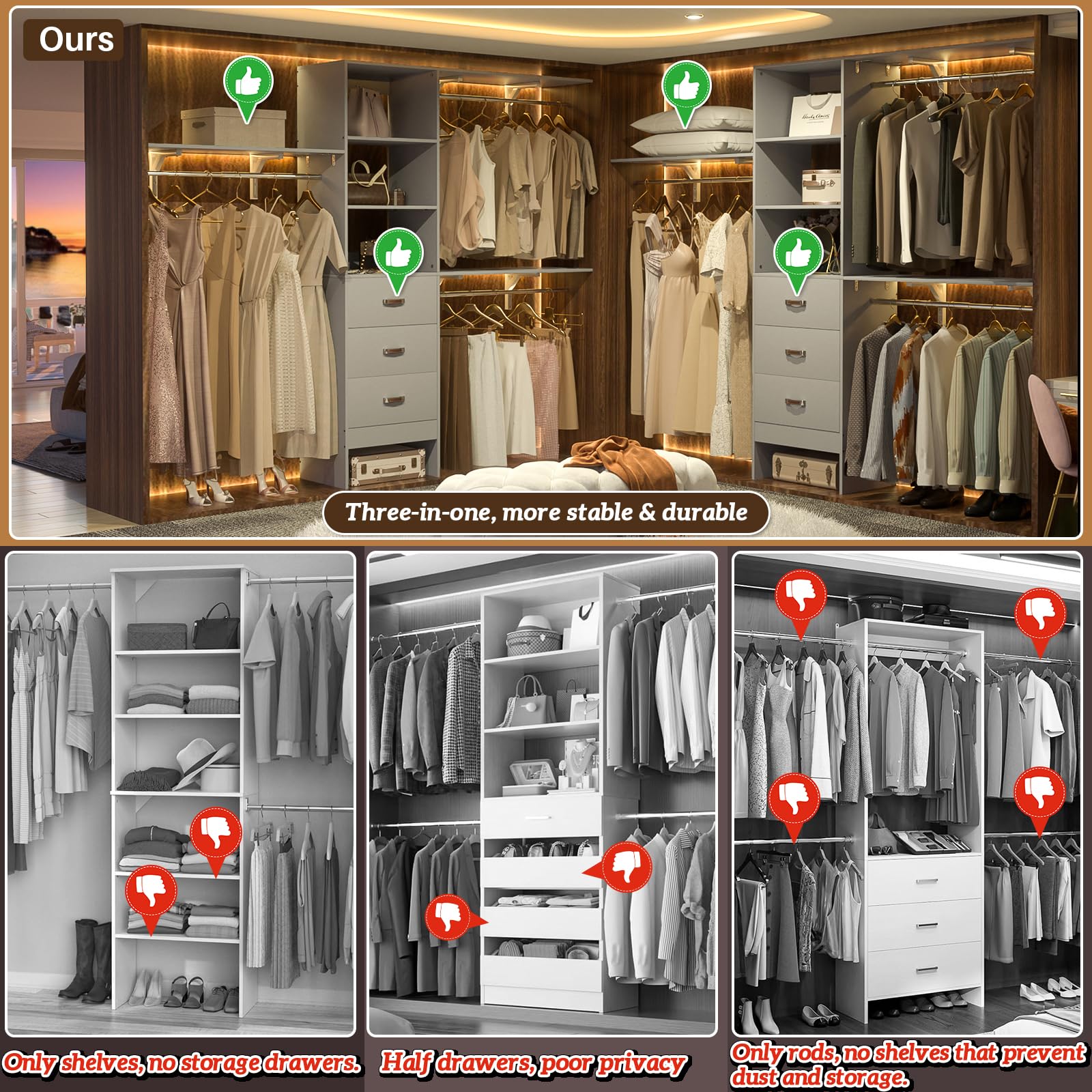 iSunirm 8FT Closet System, 96'' Closet Organizer System with 3 Hanging Rods, Wall Mount Bedroom Wardrobe with 3 Drawers Walk-in Closet, Adjustable Cloth Garment Rack from 5 to 8FT (Cut to Fit), Black