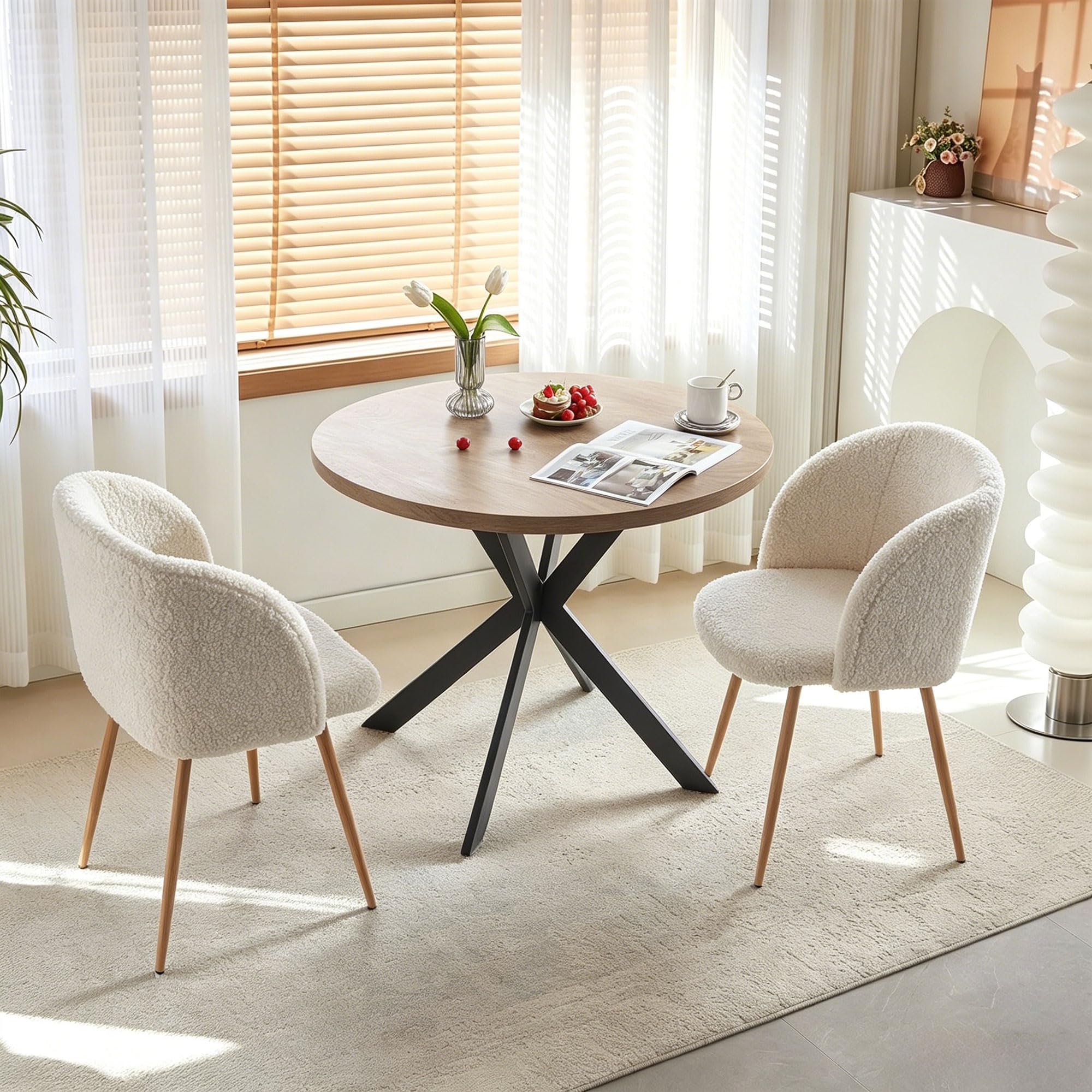 Homedot Dining Table Set for 2 with Black Dining Chairs, 3-Piece Compact Kitchen Table Set for Small Spaces, Rustic Brown Round Table Wooden with Upholstered Dining Side Chairs for Living Room