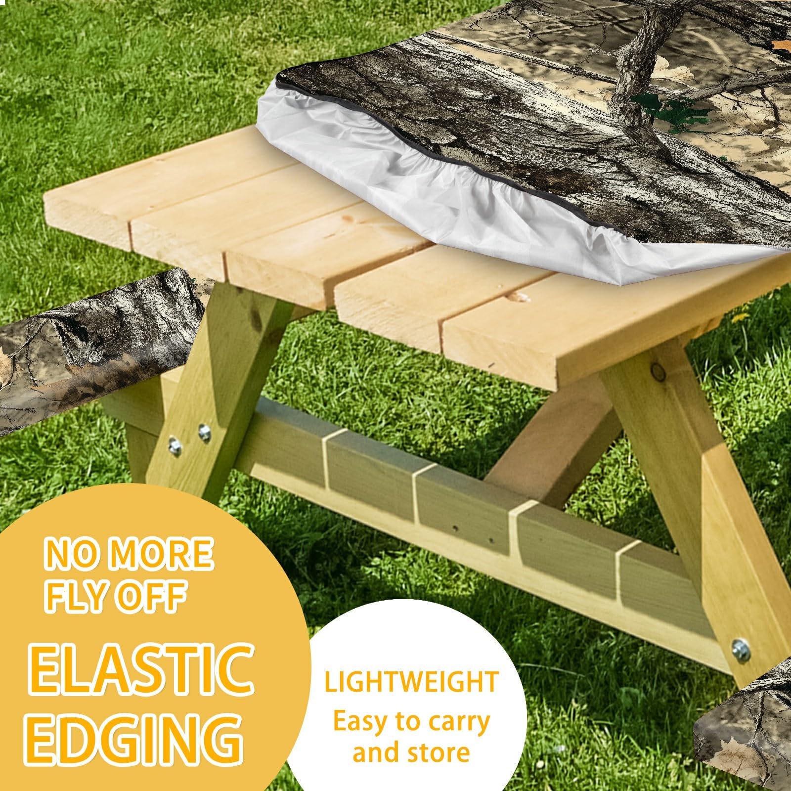 Park Picnic Table Cover with Bench Covers Lightweight Camping Essentials, Oil-Proof Waterproof 3PCS Tablecloth with Elastic, Fitted for Table 6FT Rectangle and Seats, American Flag Eagle (72x30in)