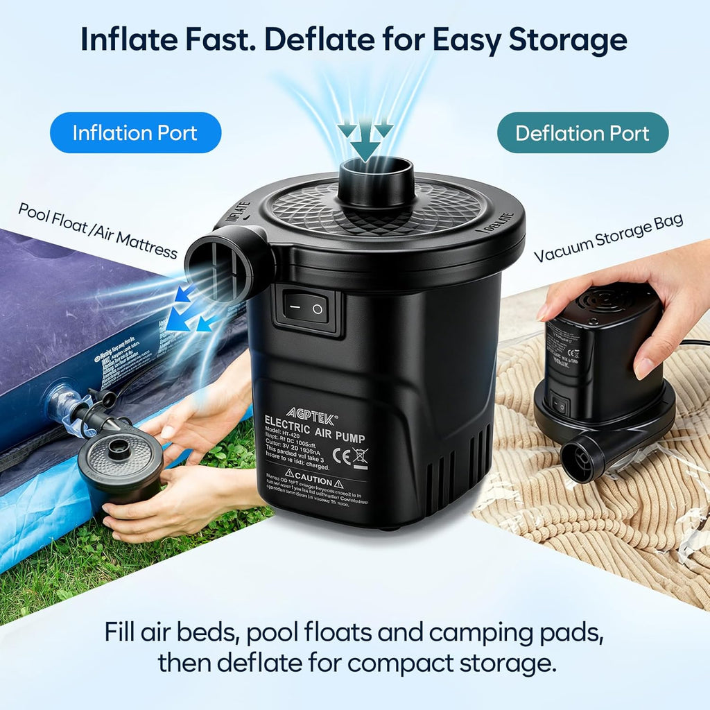 AGPTEK Rechargeable Air Pump, Electric Air Pump 4000mAh Battery Quick-Fill Inflator & Deflator with 3 Nozzles, Lightweight & Portable Perfect for Air Beds, Air Mattresses, Pool Toys & Inflatable