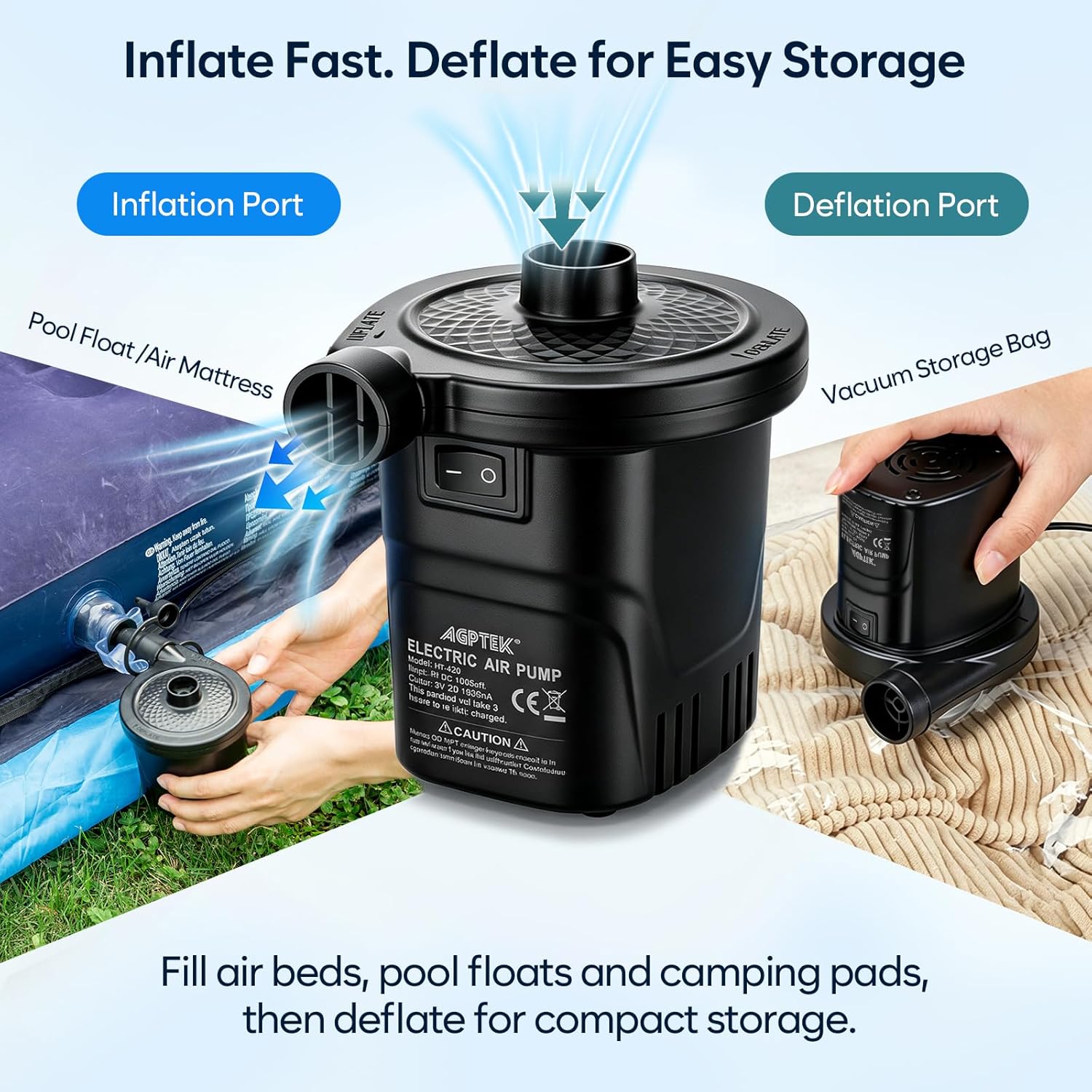 AGPTEK Rechargeable Air Pump, Electric Air Pump 4000mAh Battery Quick-Fill Inflator & Deflator with 3 Nozzles, Lightweight & Portable Perfect for Air Beds, Air Mattresses, Pool Toys & Inflatable