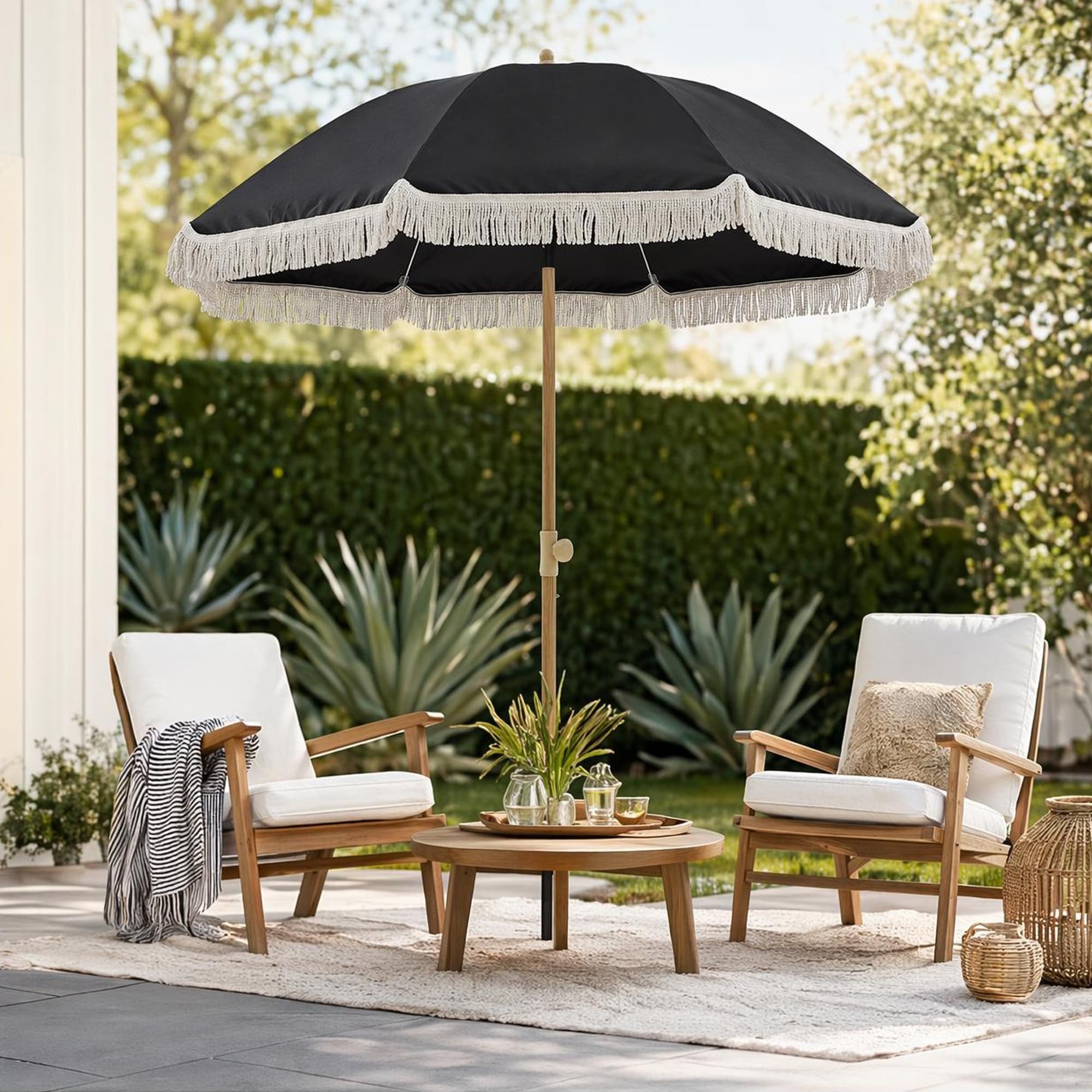 6.5FT Boho Patio Umberlla with Fringe,UPF50+ Outdoor Umbrella with Fiberglass Ribs and Push Button Tilt,Tassels Umbrella for Beach,Terrace,Picnic