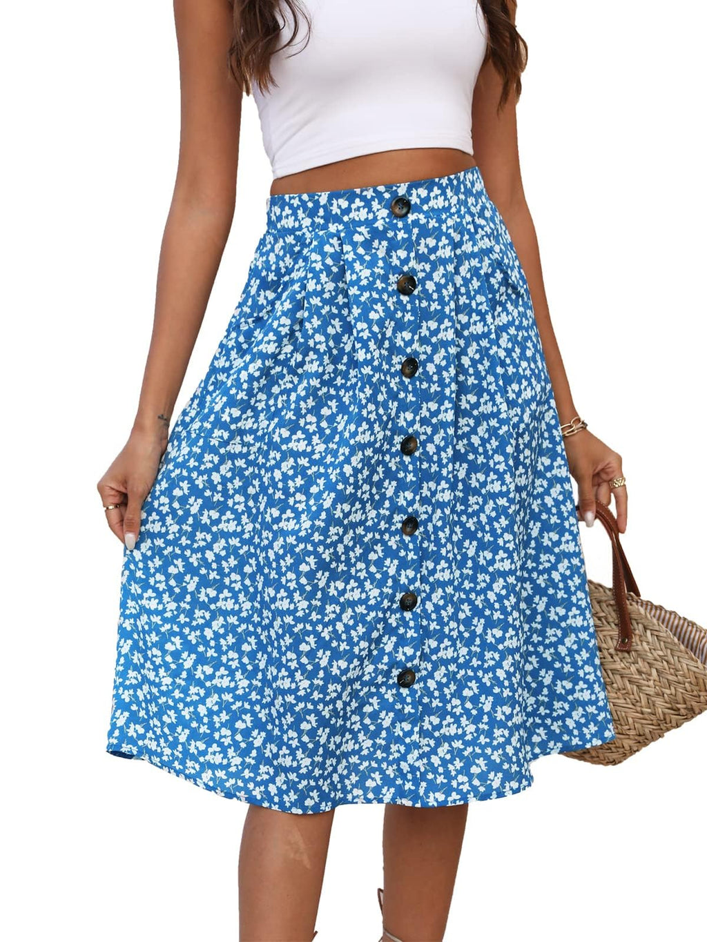 Naggoo Womens Summer Skirts Casual Front Button A-Line High Waisted Midi Skirt with Pockets